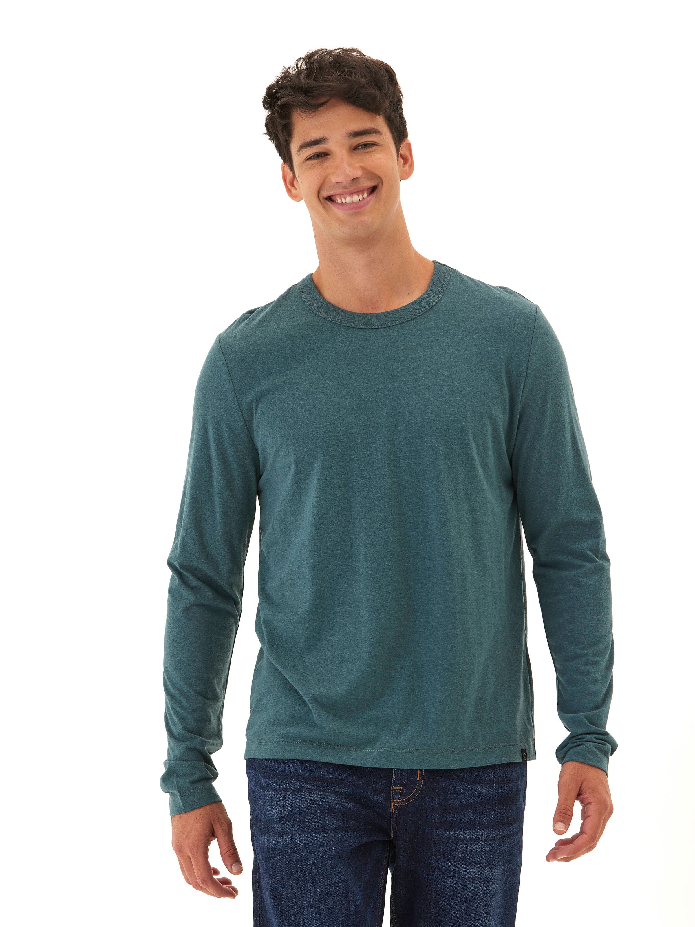 Close up of the Tucker Triblend Long Sleeve Crew in an athletic fit
