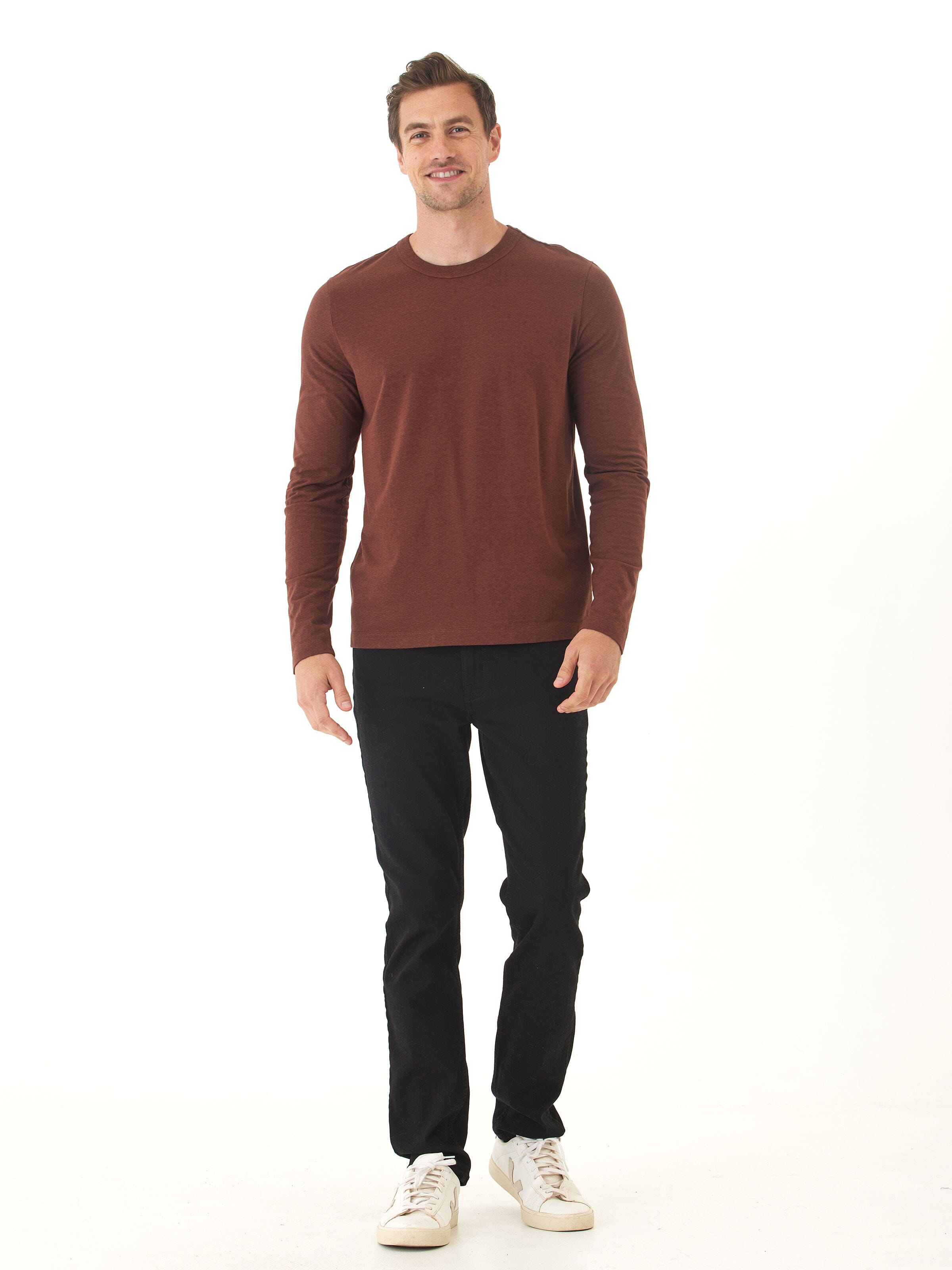 Tucker Men's Long Sleeve Triblend Crew Neck Shirt in Brown & Maroon