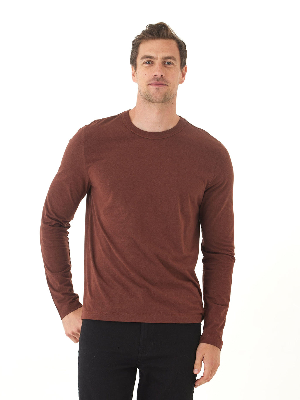Tucker Men's Long Sleeve Triblend Crew Neck Shirt in Brown & Maroon