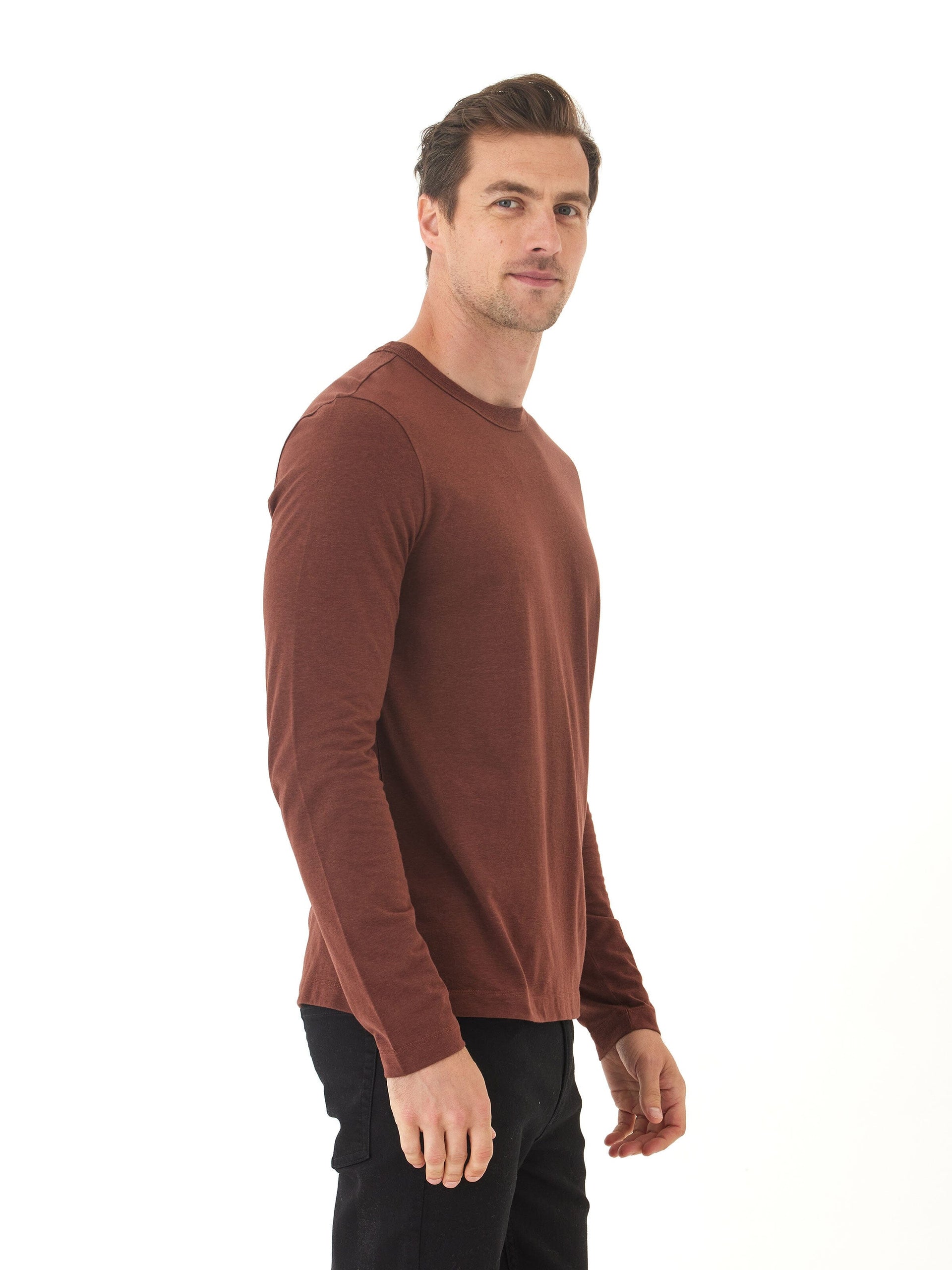Tucker Men's Long Sleeve Triblend Crew Neck Shirt in Brown & Maroon