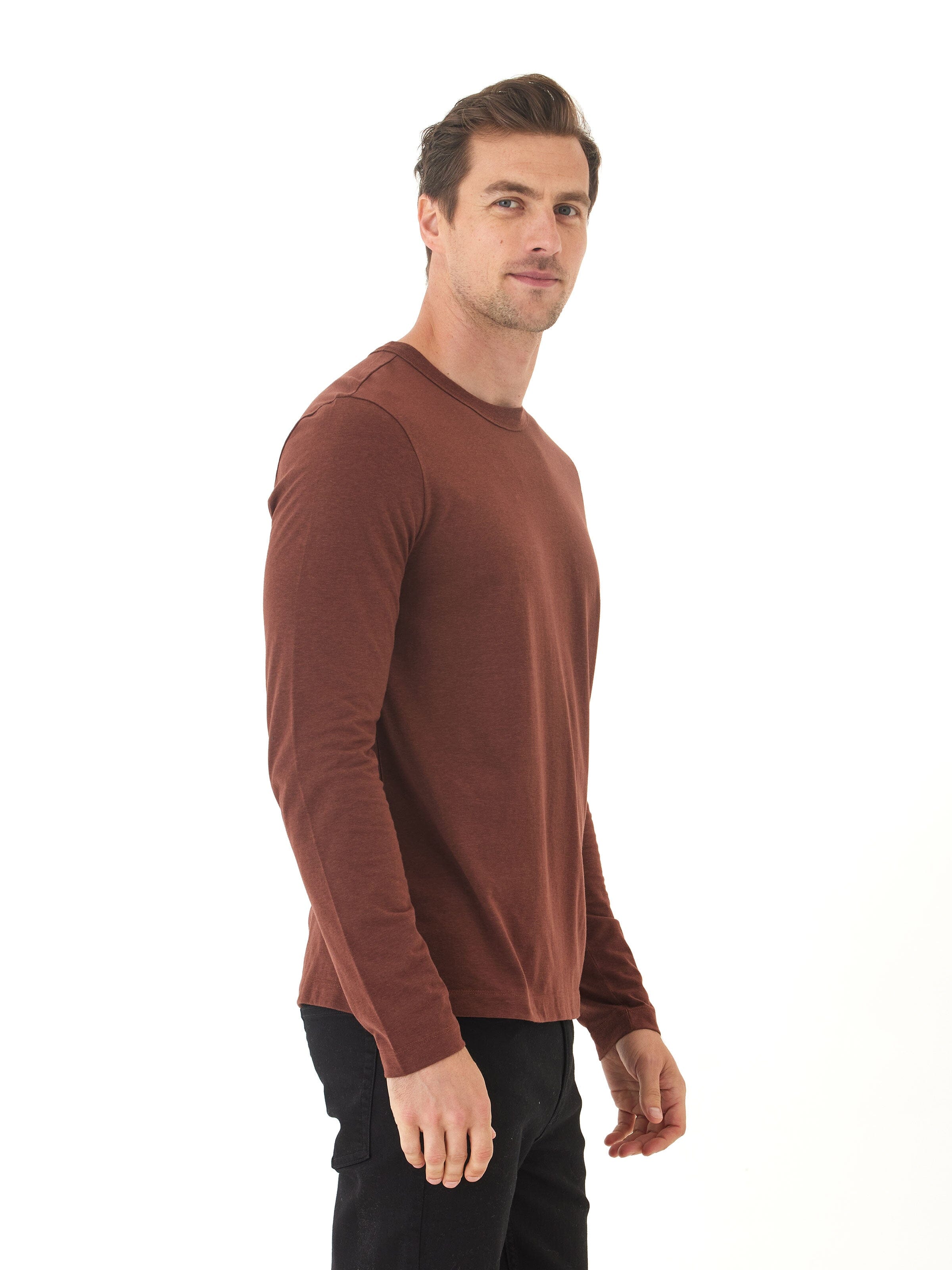 Tucker Men's Long Sleeve Triblend Crew Neck Shirt in Brown & Maroon
