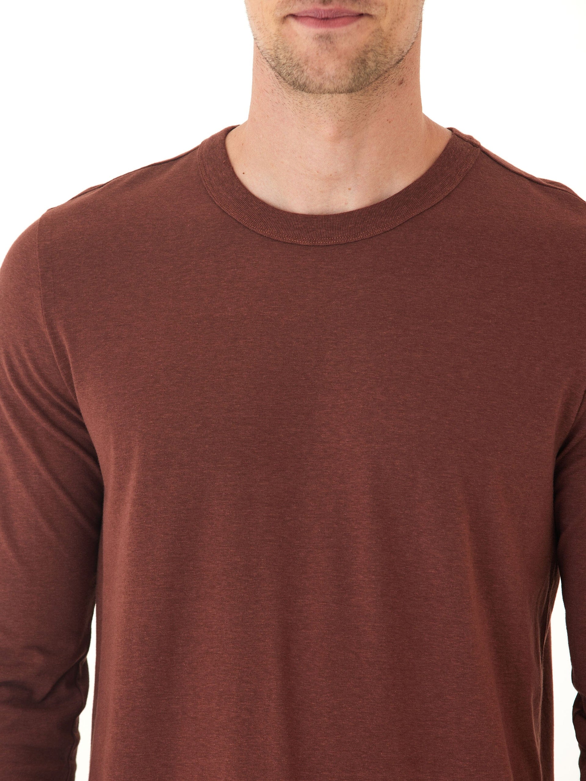 Tucker Men's Long Sleeve Triblend Crew Neck Shirt in Brown & Maroon
