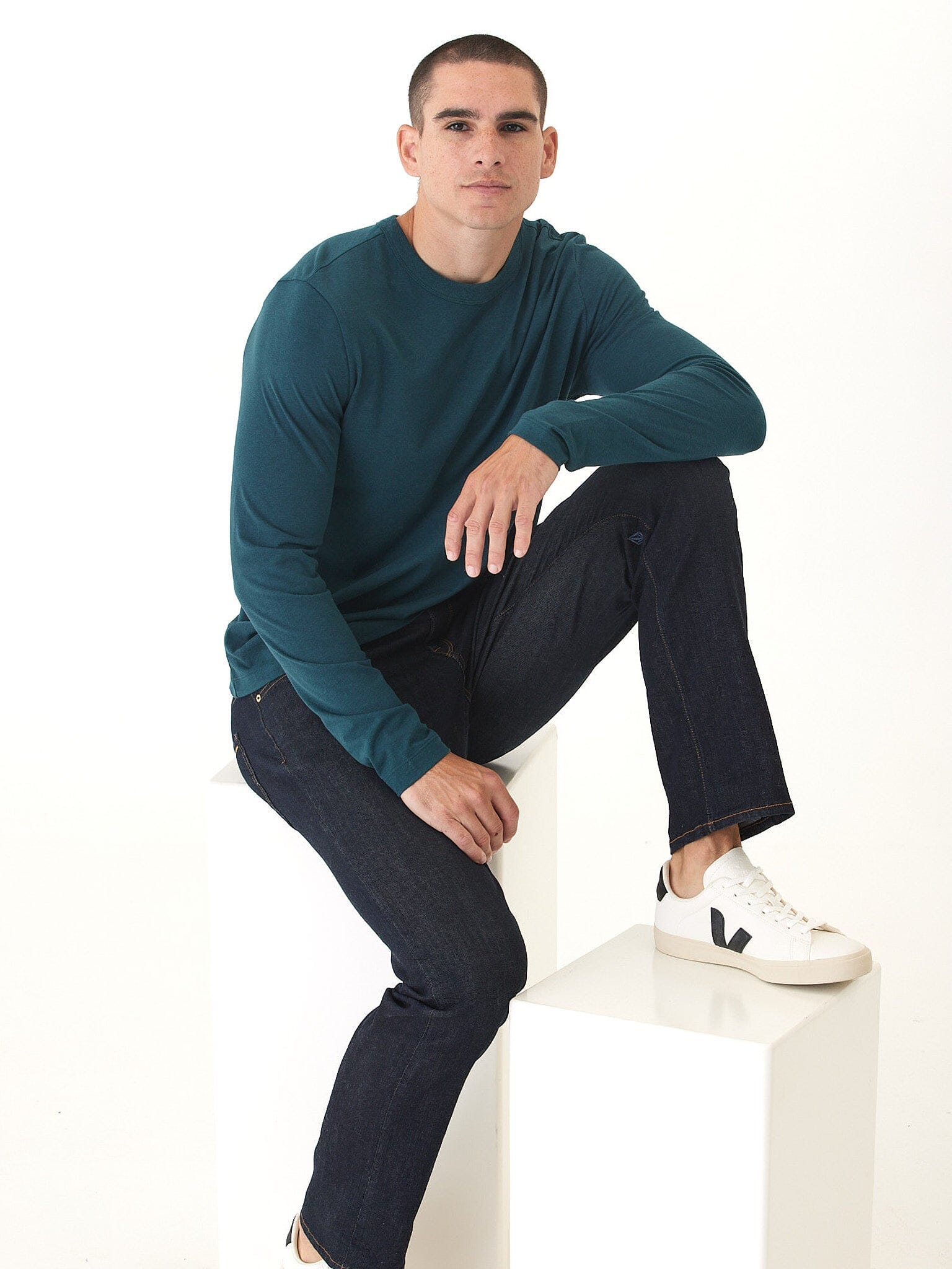 Teal Tucker triblend long sleeve crew neck shirt