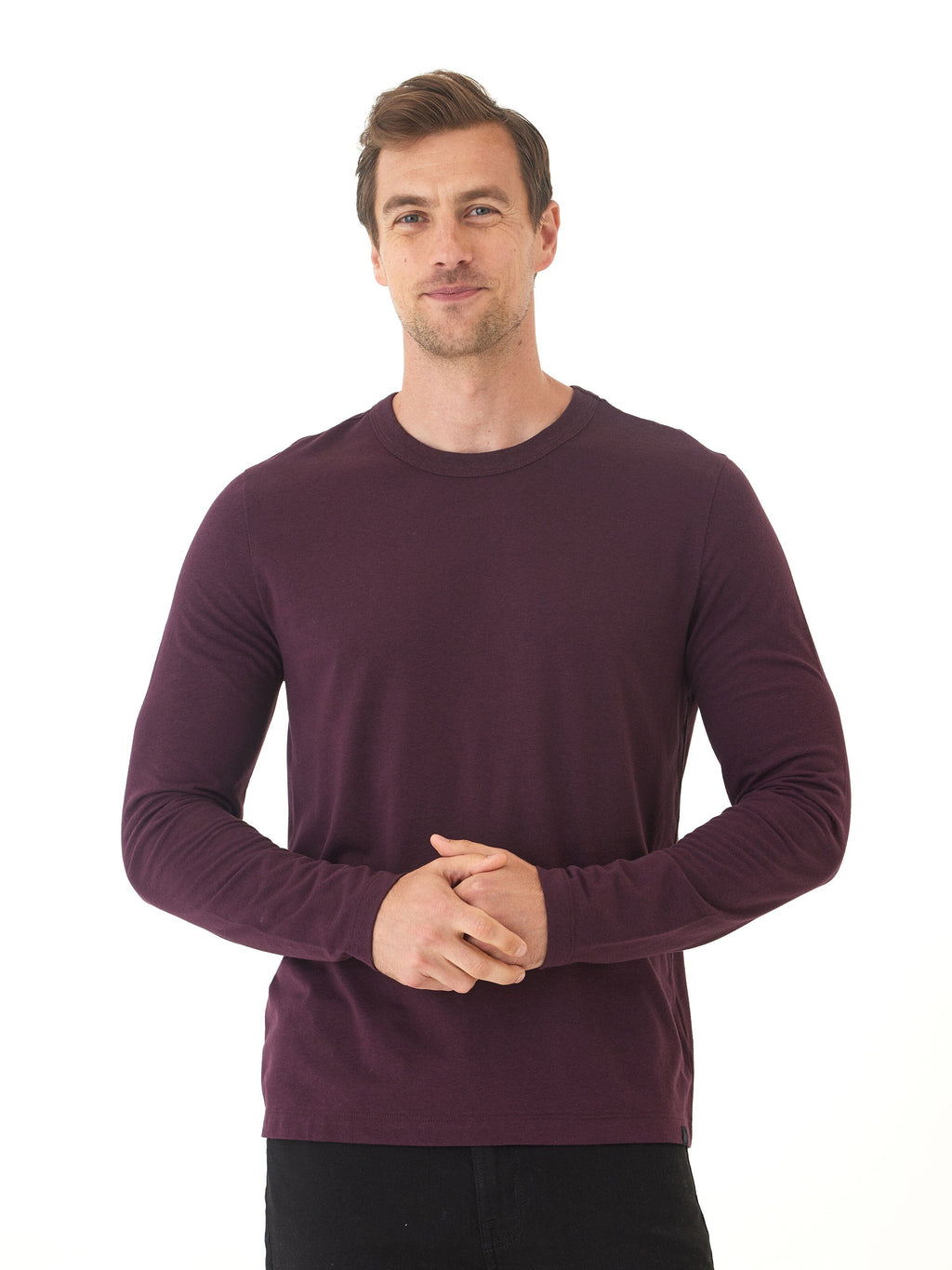 Men's Tucker Triblend Long Sleeve Crew in dark purple, featuring an athletic fit and ribbed neck band.