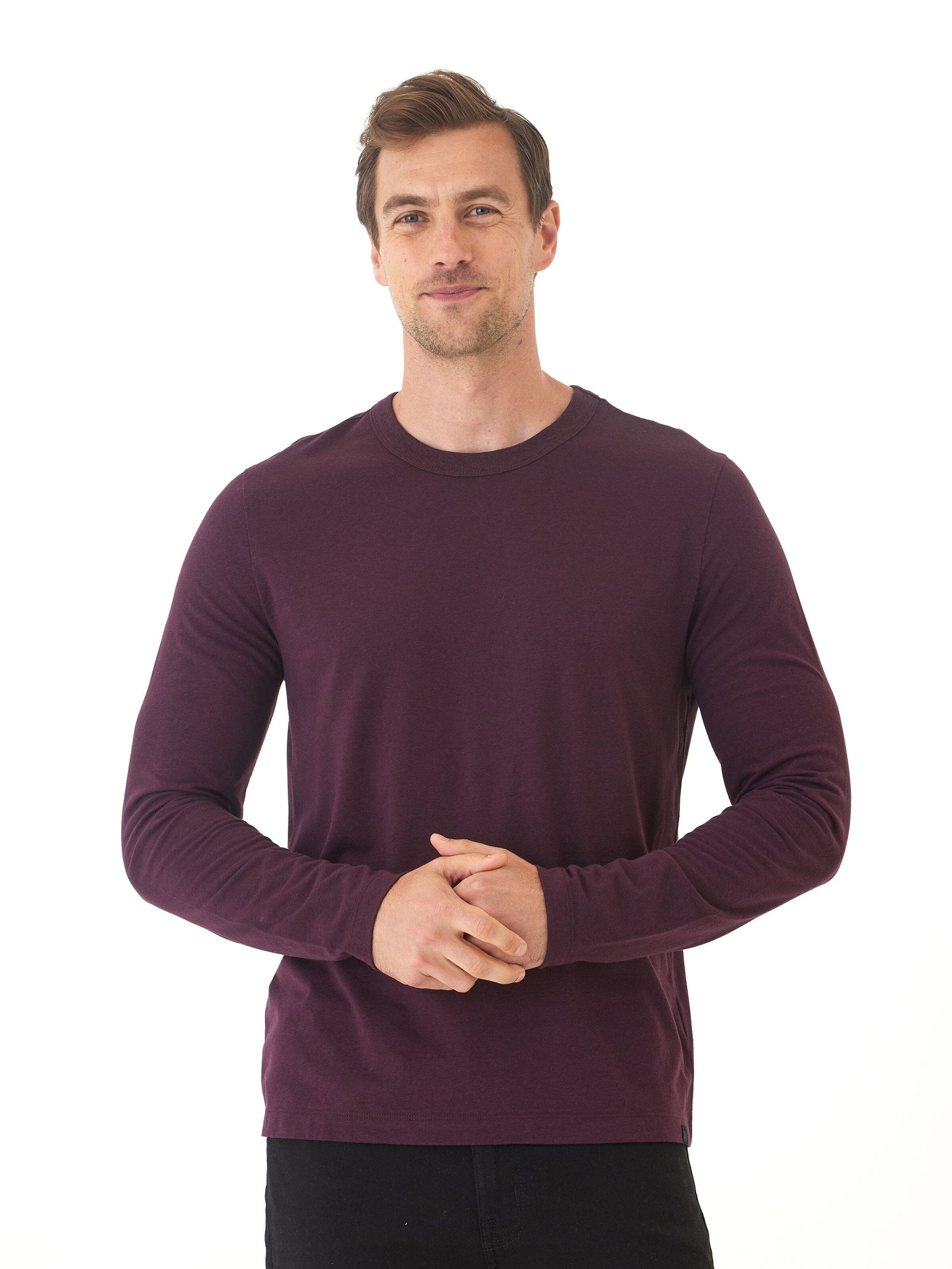 Men's Tucker Triblend Long Sleeve Crew in dark purple, featuring an athletic fit and ribbed neck band.