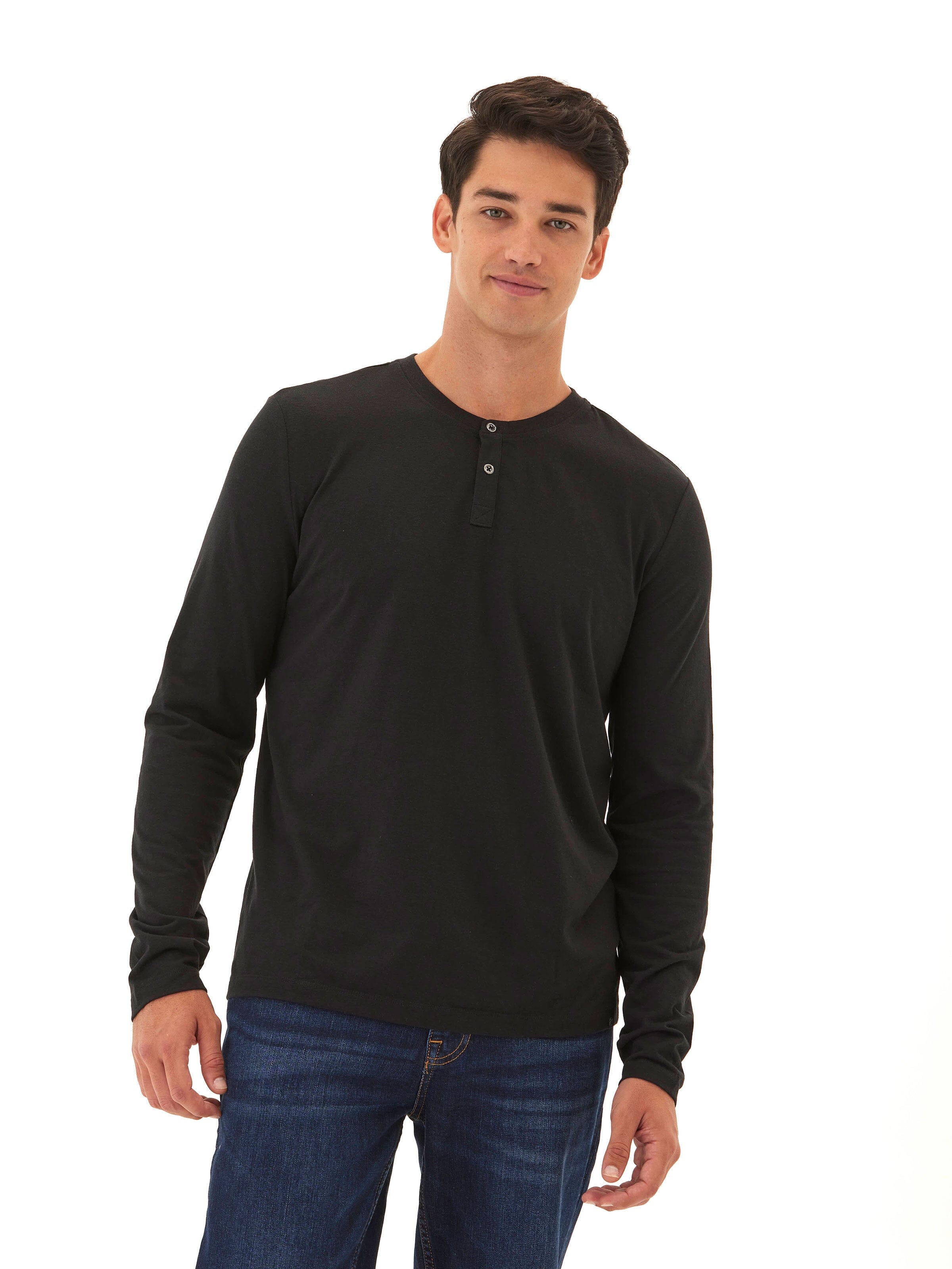 Black long sleeve henley for men featuring a 2-button placket and clean minimalist aesthetic