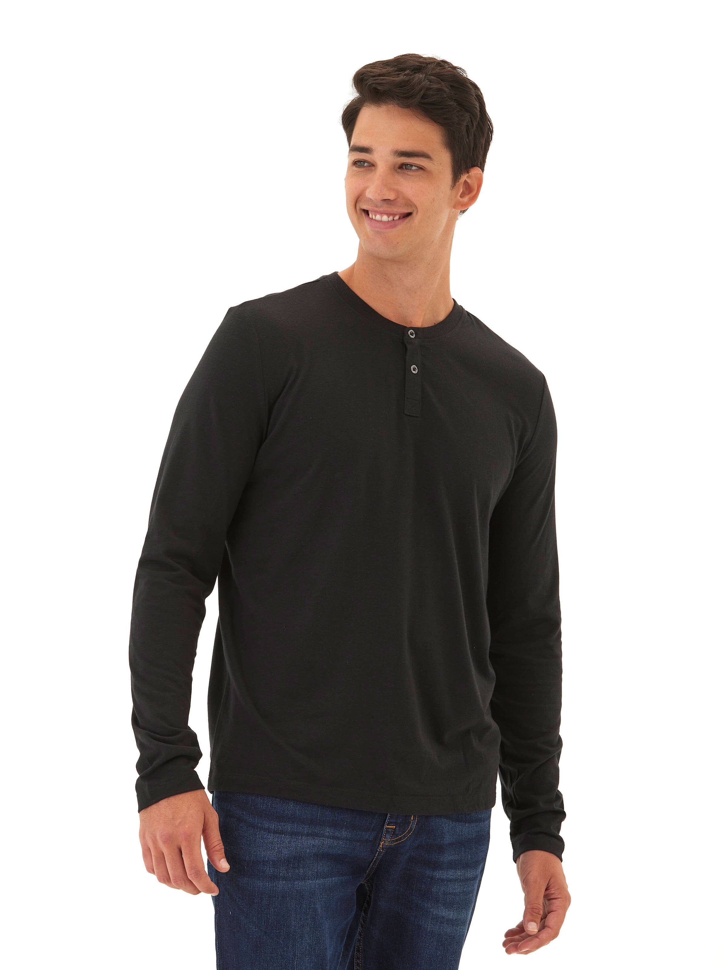 Austin Triblend 2 Button Long Sleeve Henley in Black