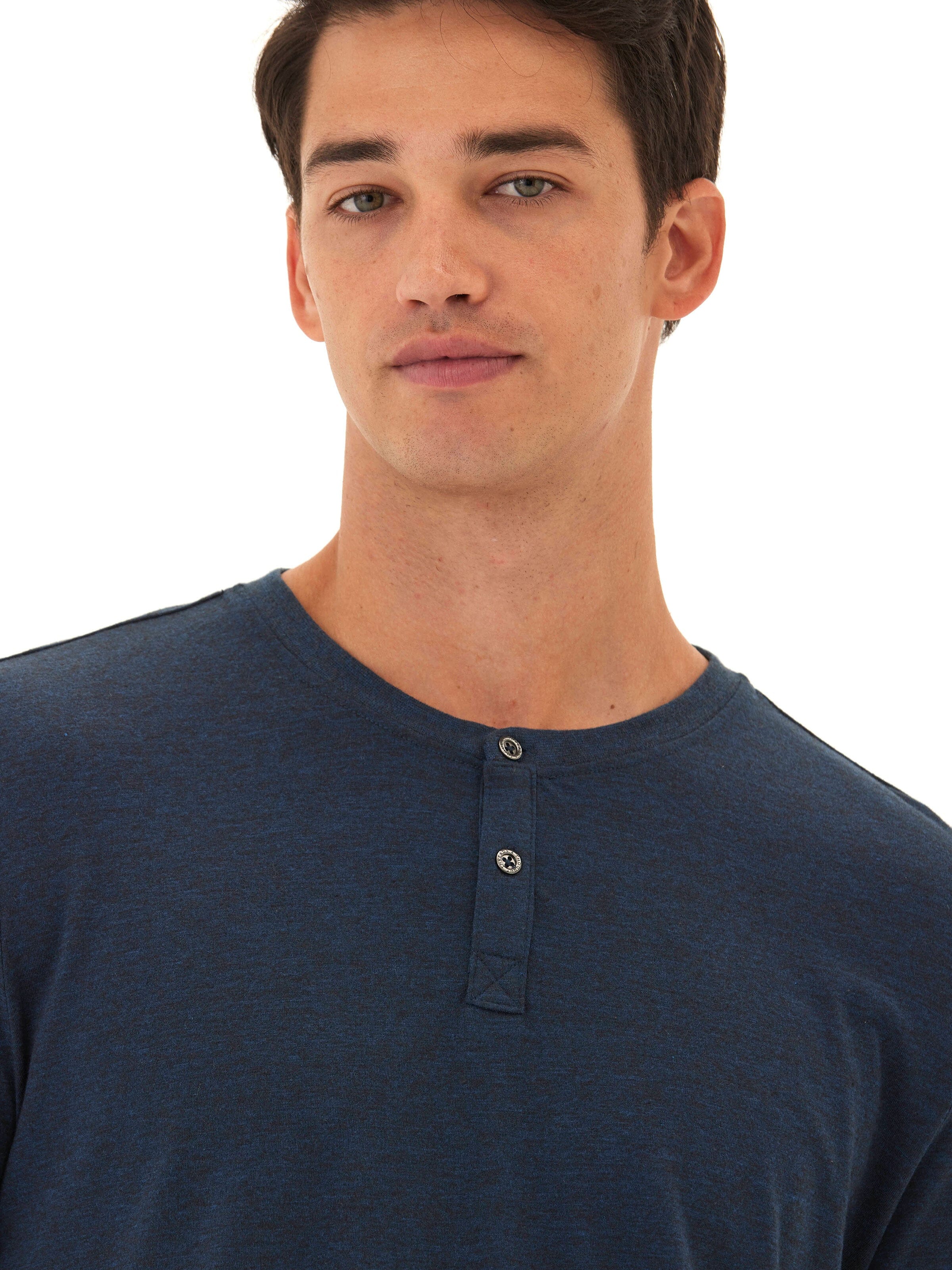 Austin Triblend 2 Button Long Sleeve Henley in Navy and Heathered-Blue