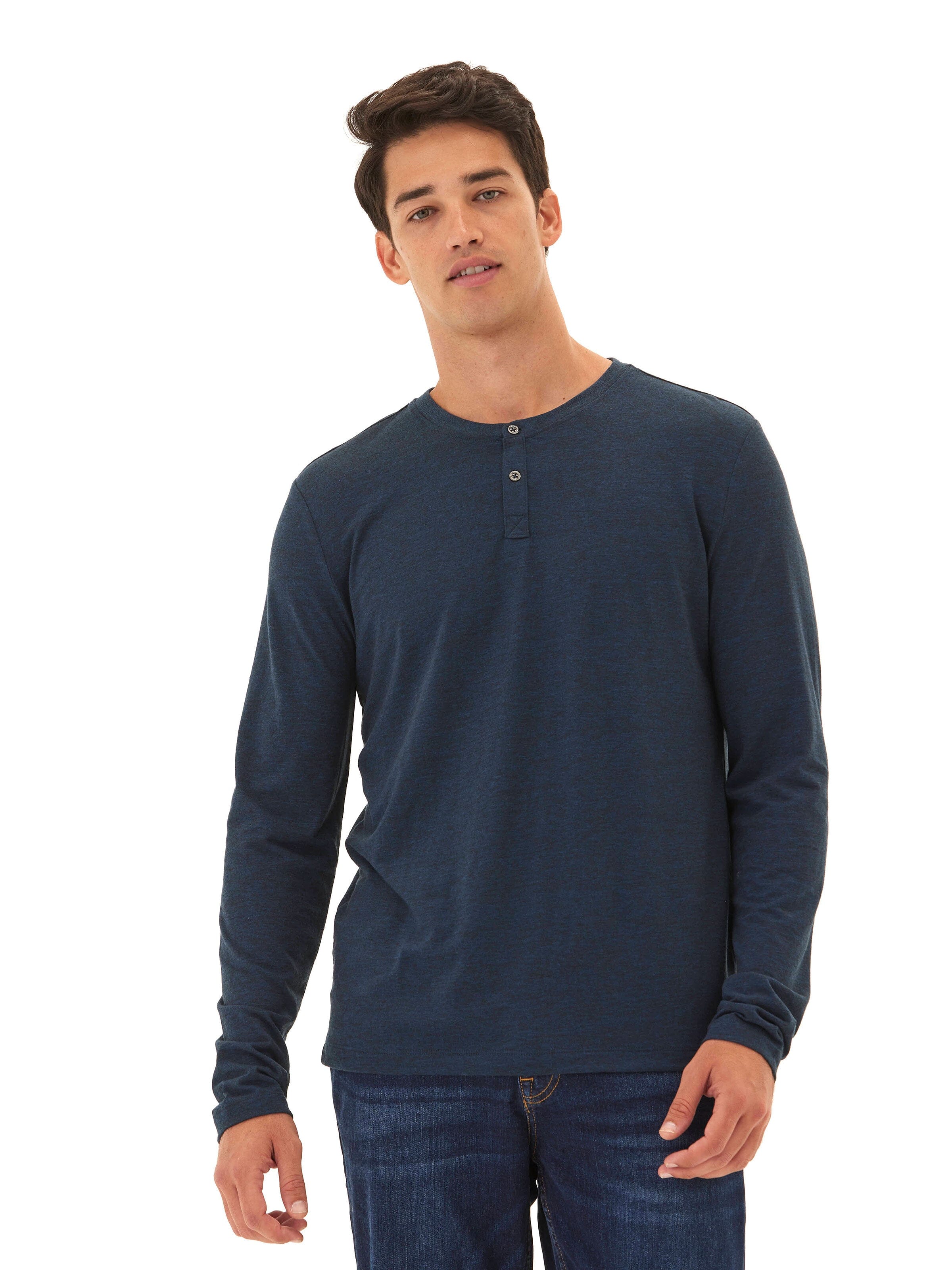 Austin Triblend 2 Button Long Sleeve Henley in Navy and Heathered-Blue