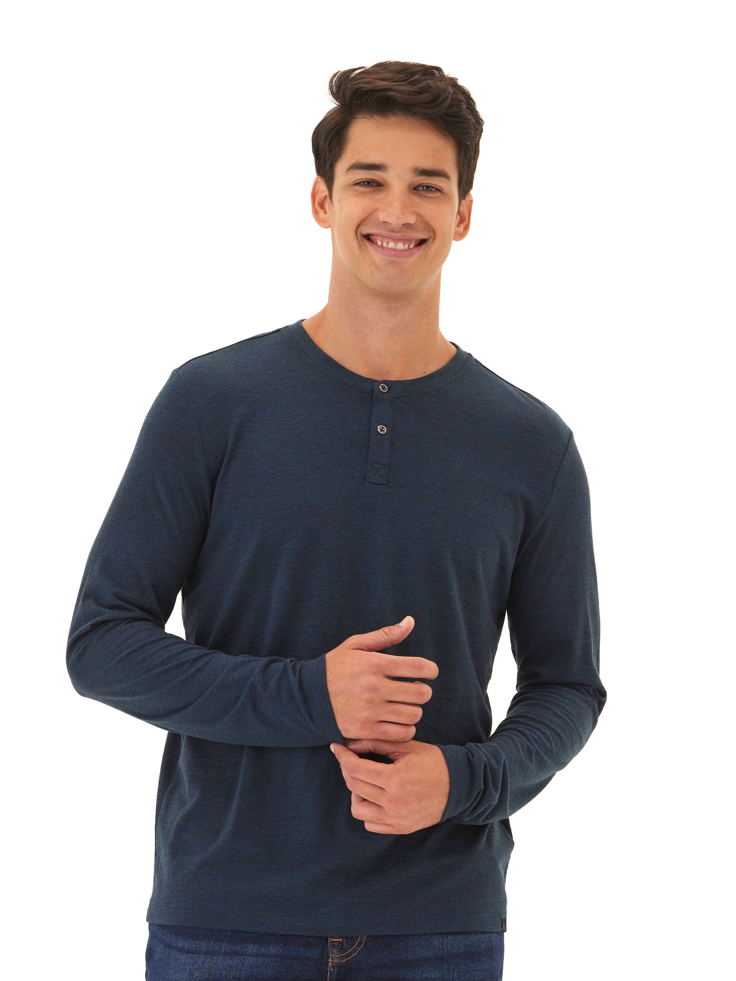 Men's long sleeve henley in navy-blue and heathered-blue featuring a clean 2-button minimalist design