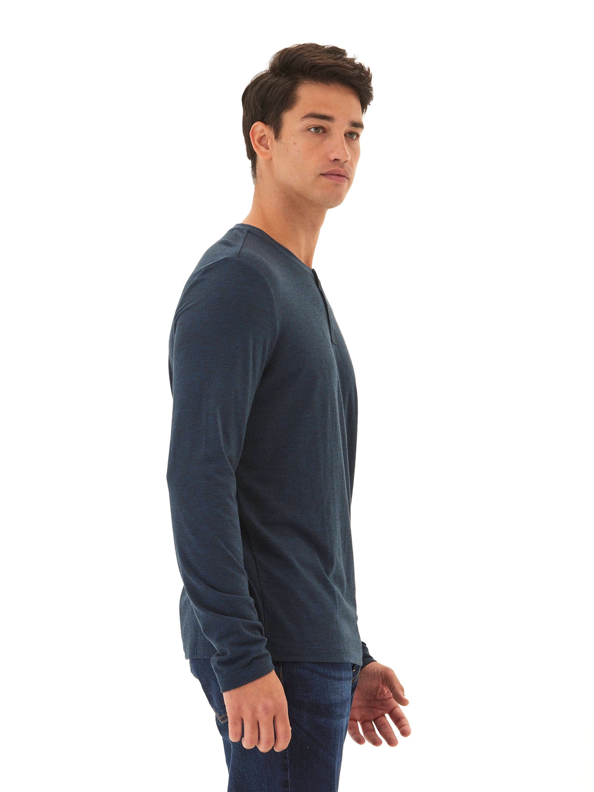 Austin Triblend 2 Button Long Sleeve Henley in Navy and Heathered-Blue