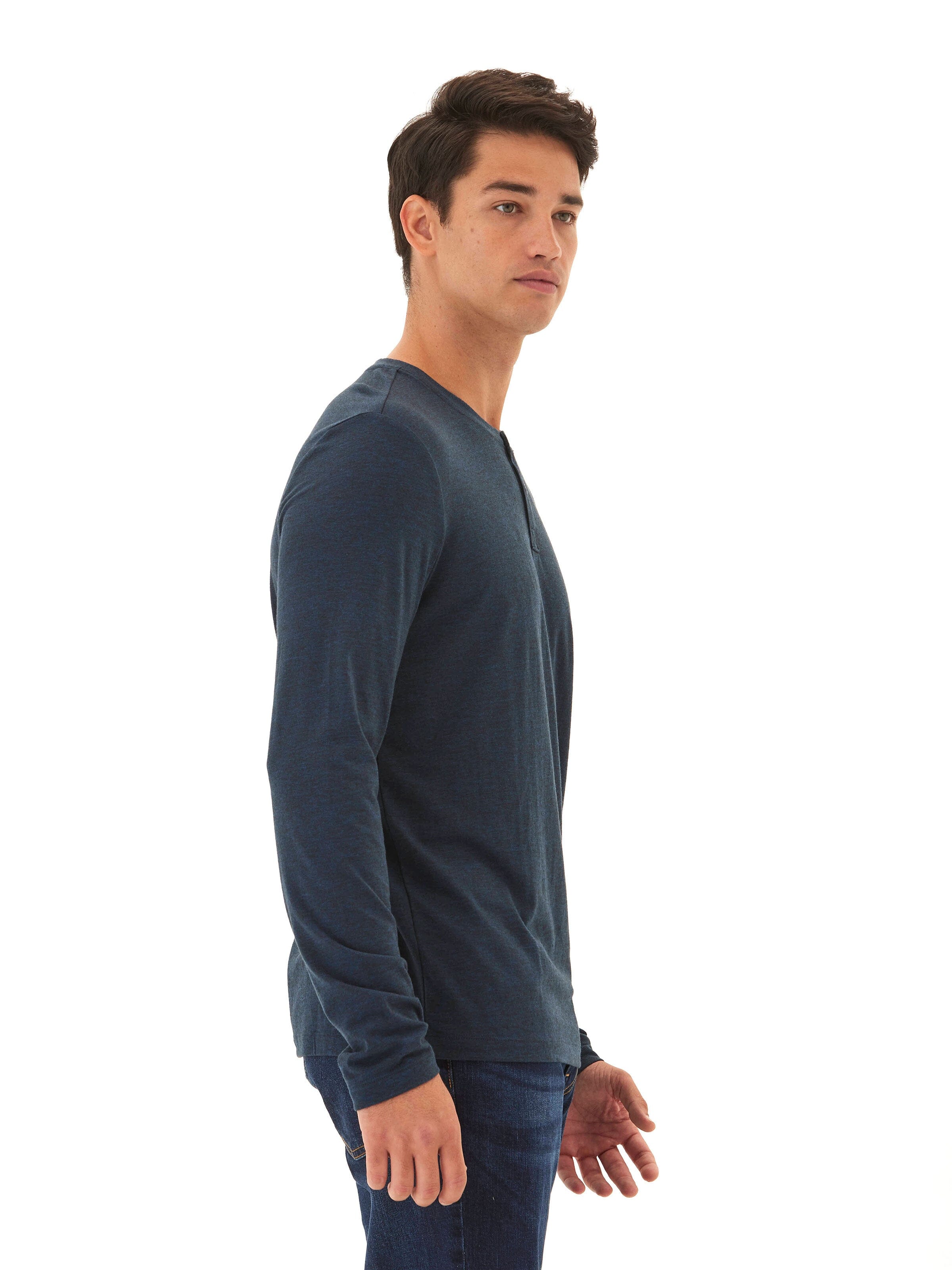 Austin Triblend 2 Button Long Sleeve Henley in Navy and Heathered-Blue
