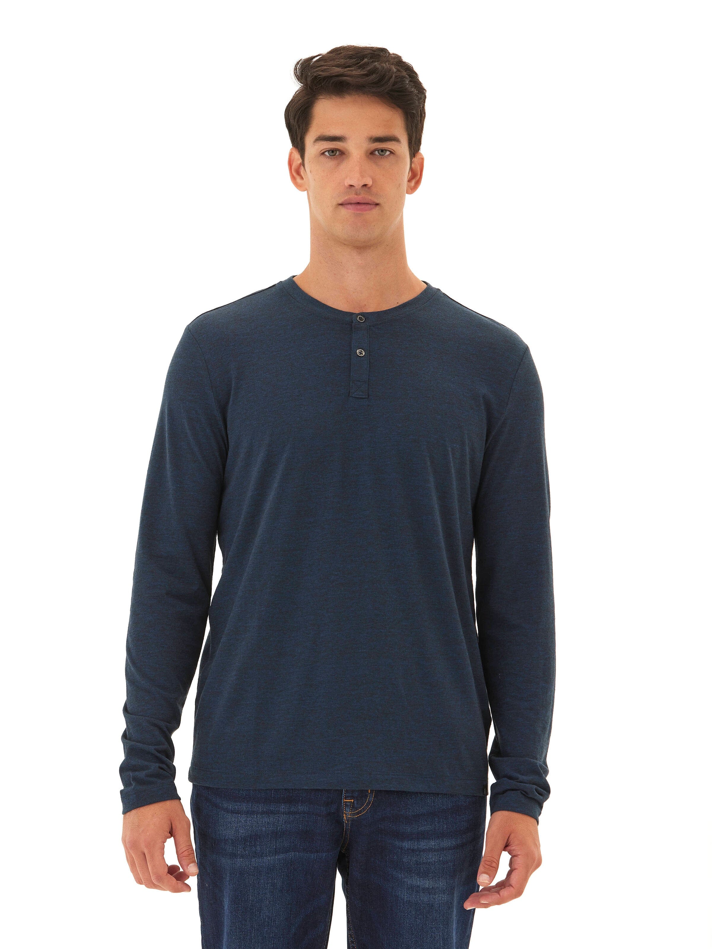 Austin Triblend 2 Button Long Sleeve Henley in Navy and Heathered-Blue