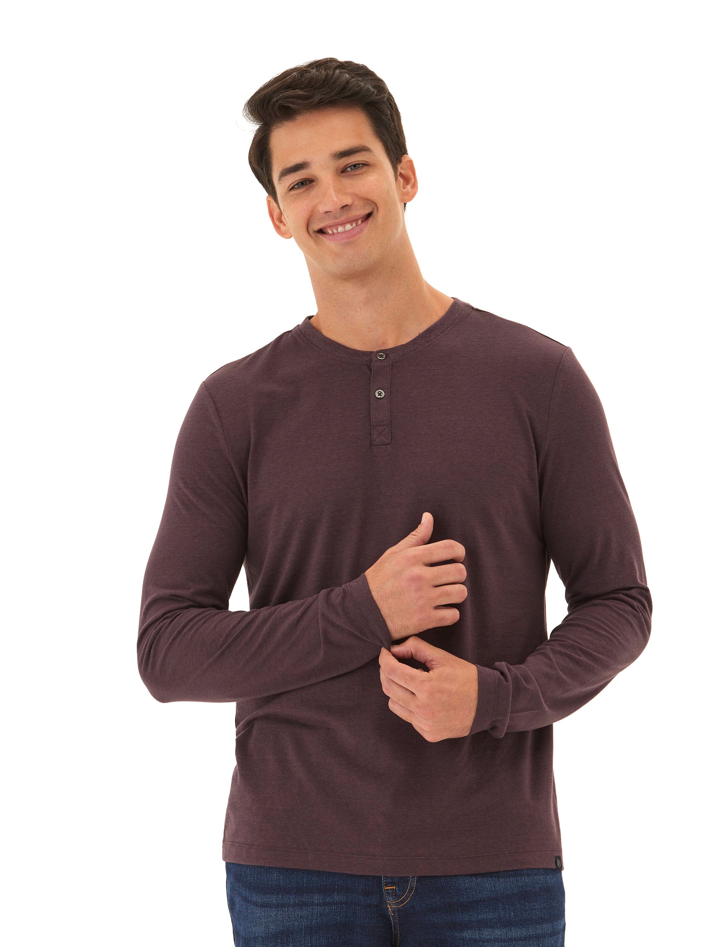 Close up of the Austin Triblend 2-Button Long Sleeve Henley in a clean, minimalist design.