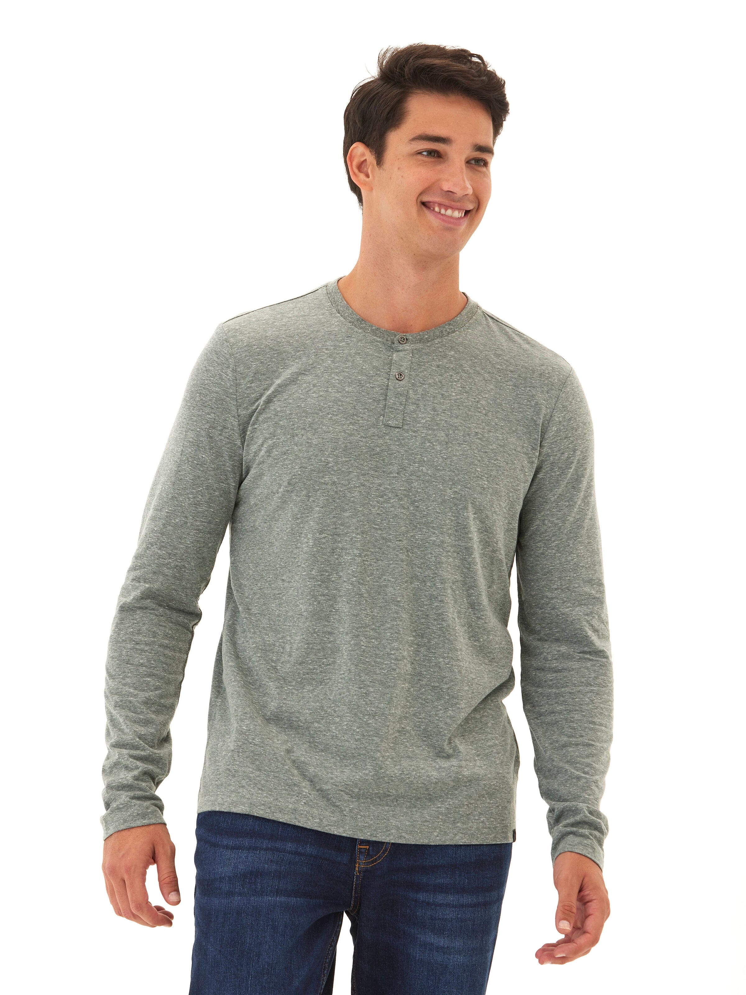 Grey Austin Triblend 2 Button Long Sleeve Henley with clean seam construction