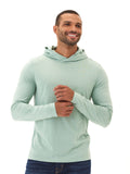 Men wearing a solid mint green long sleeve triblend hooded t-shirt
