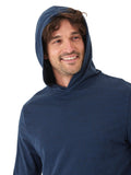 Men wearing a navy blue Dane long sleeve t-shirt hoodie with a sporty, casual aesthetic
