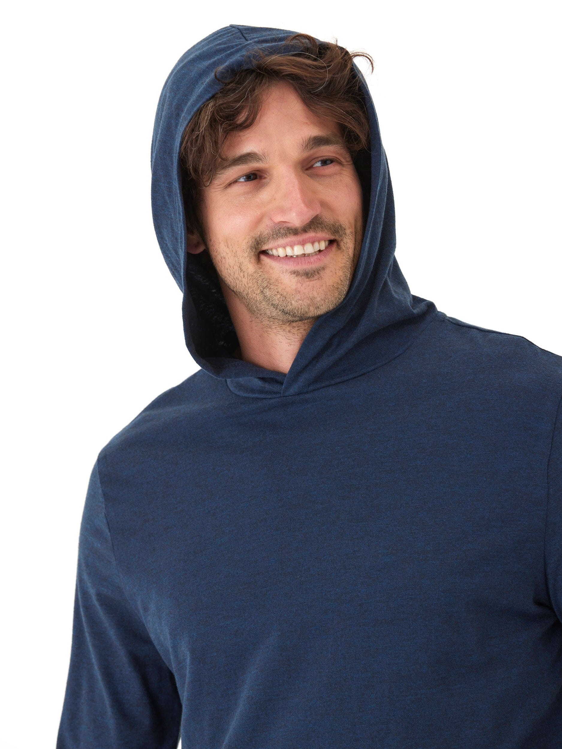 Men wearing a navy blue Dane long sleeve t-shirt hoodie with a sporty, casual aesthetic