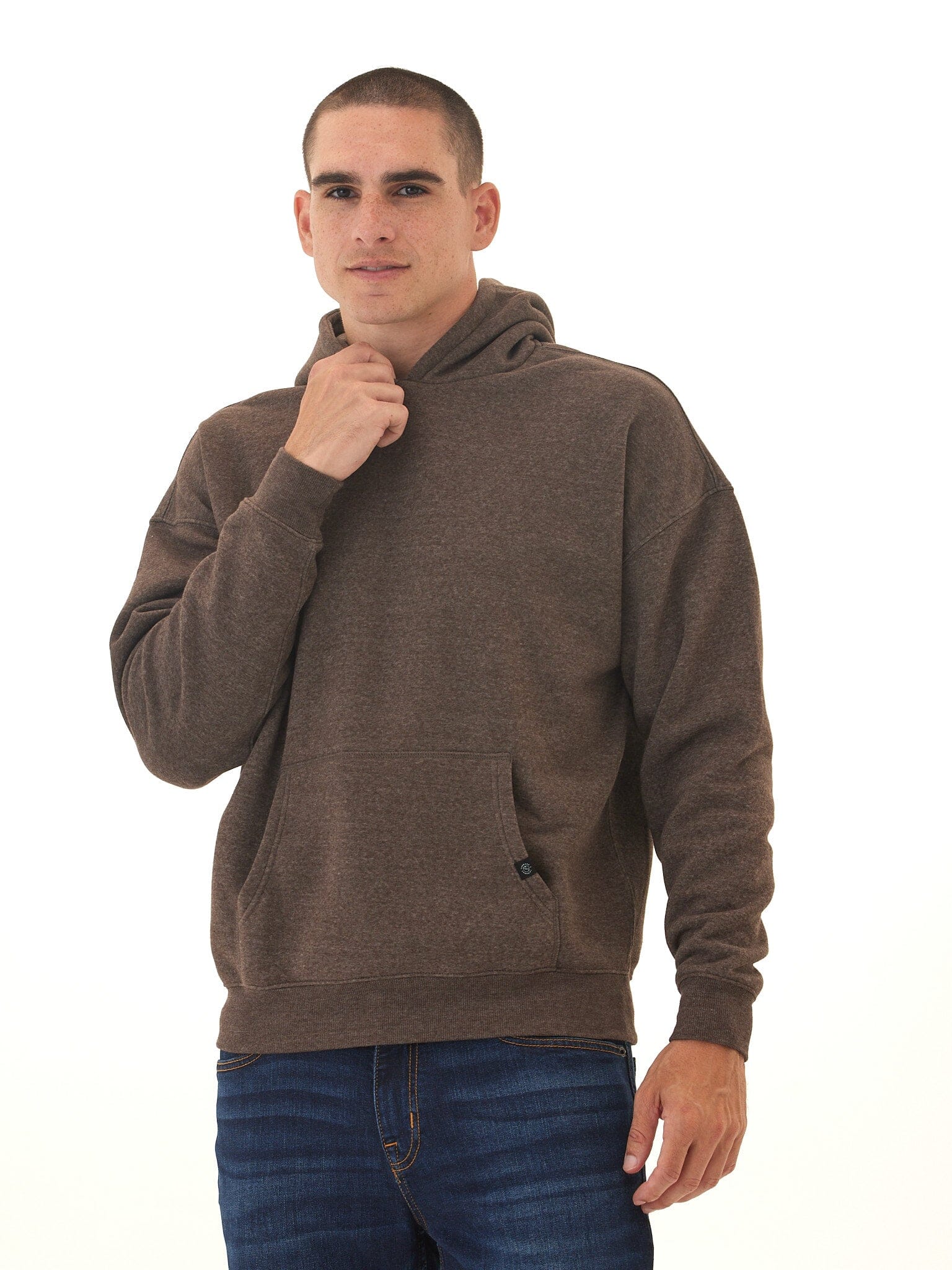 Men's Marcel oversized triblend fleece hoodie in solid brown, minimalist streetwear style.