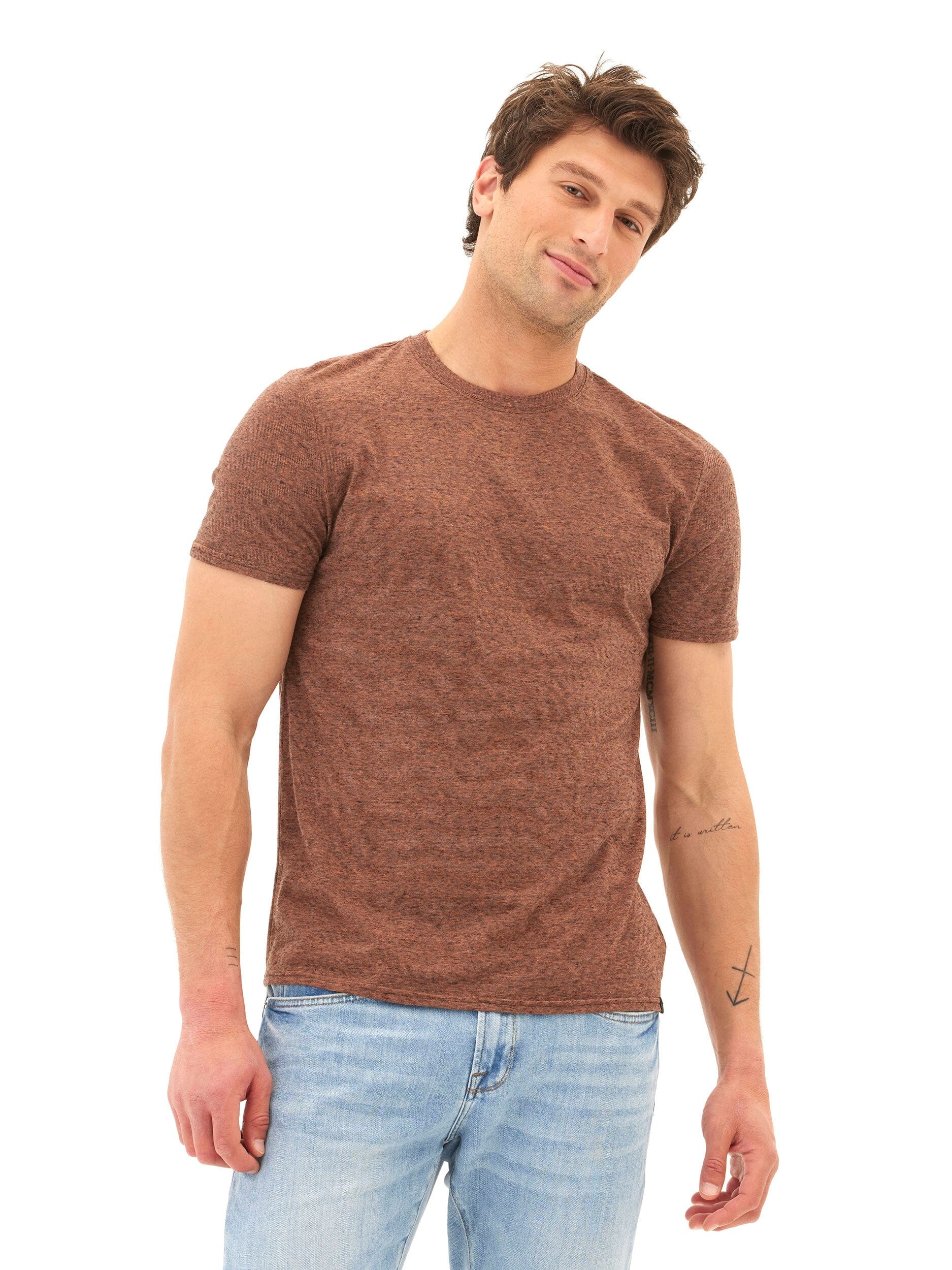 Close-up view of Black Fleck Triblend Crew showing soft textured fabric detail and classic crew neckline