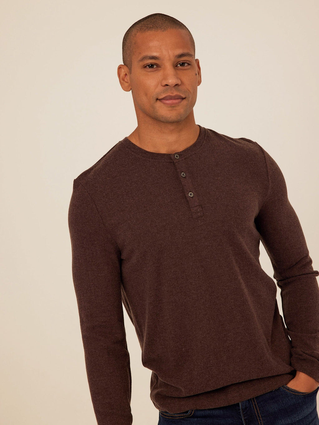 Men's Elias Long Sleeve Henley in dark brown knit fabric featuring a classic button placket