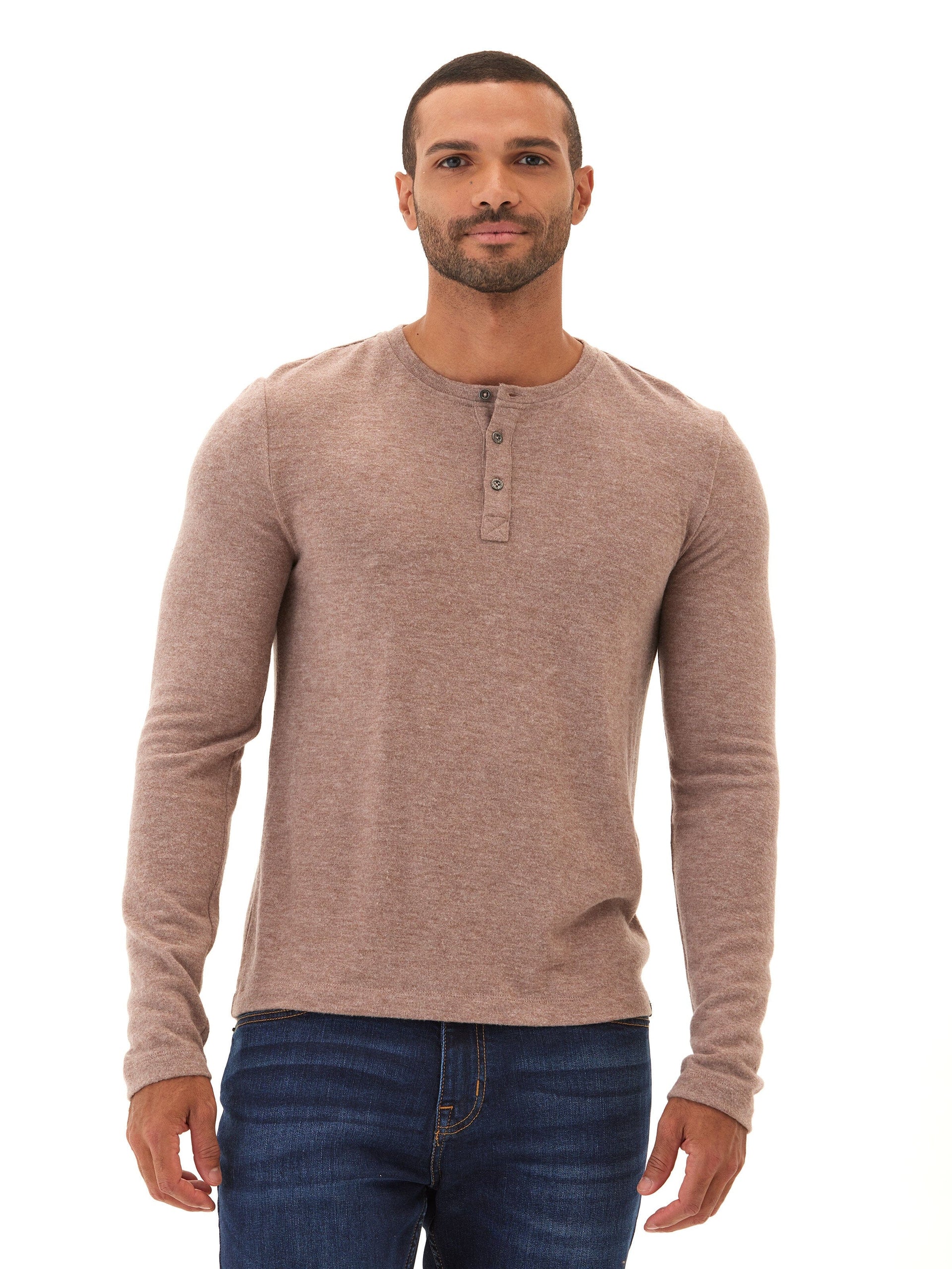 Elias Sweater Knit Long Sleeve Henley in Mocha and Taupe
