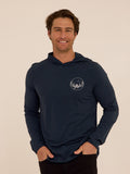 Close up of the Triblend Embroidery Hoodie Tee featuring a small chest embroidery detail.