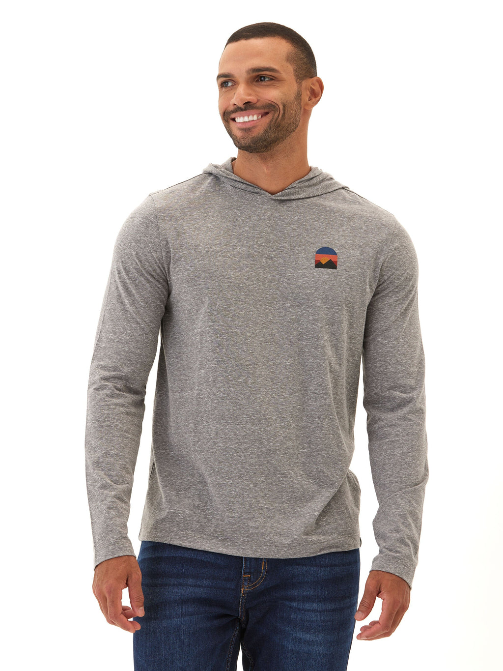 Men's heather grey long-sleeve triblend hoodie tee featuring small sunset-toned embroidery on the chest.