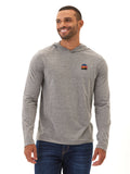 Men's heather grey long-sleeve triblend hoodie tee featuring small sunset-toned embroidery on the chest.