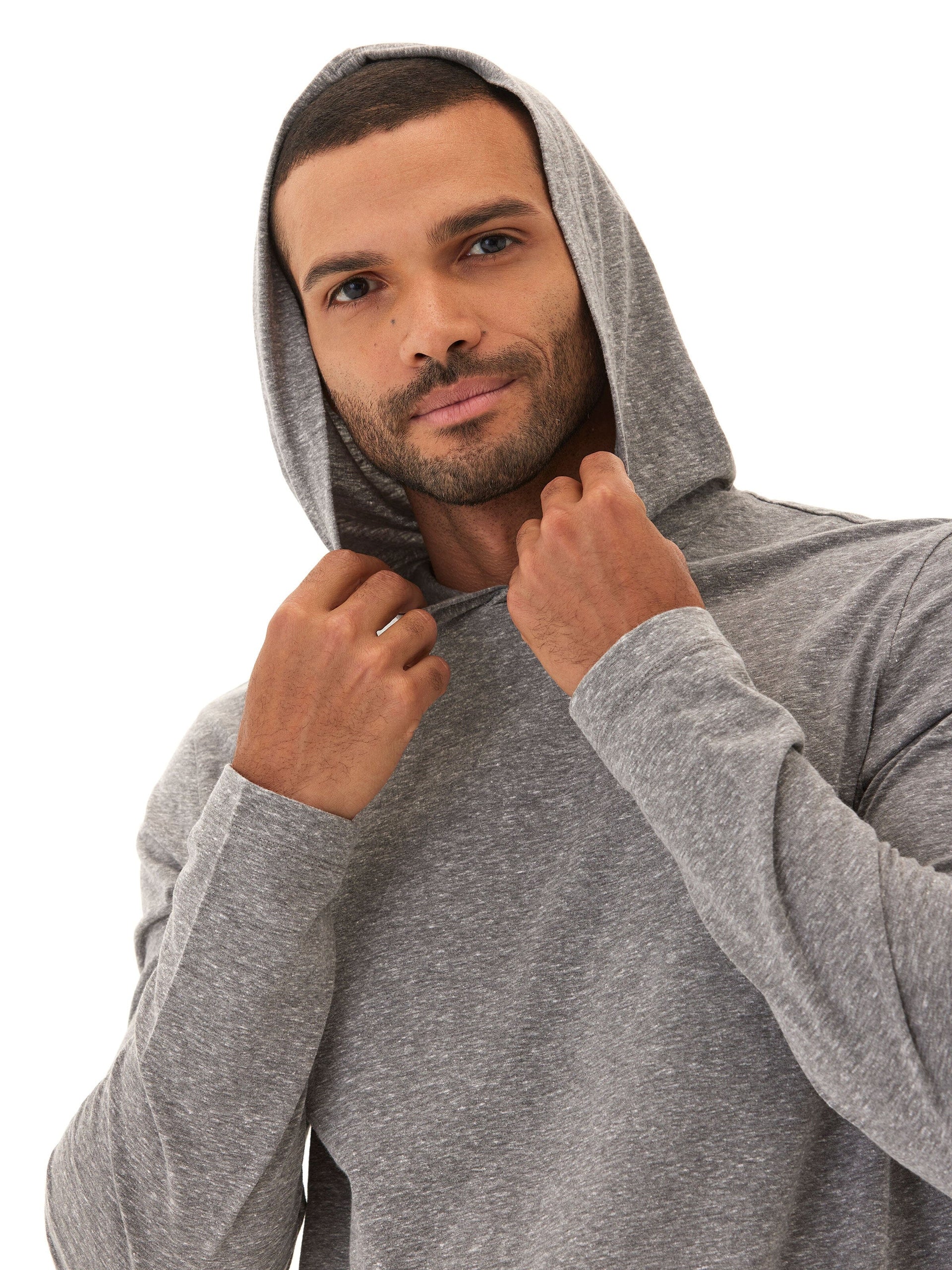 Men's Triblend Embroidery Hoodie Tee - Casual Long Sleeve Pullover