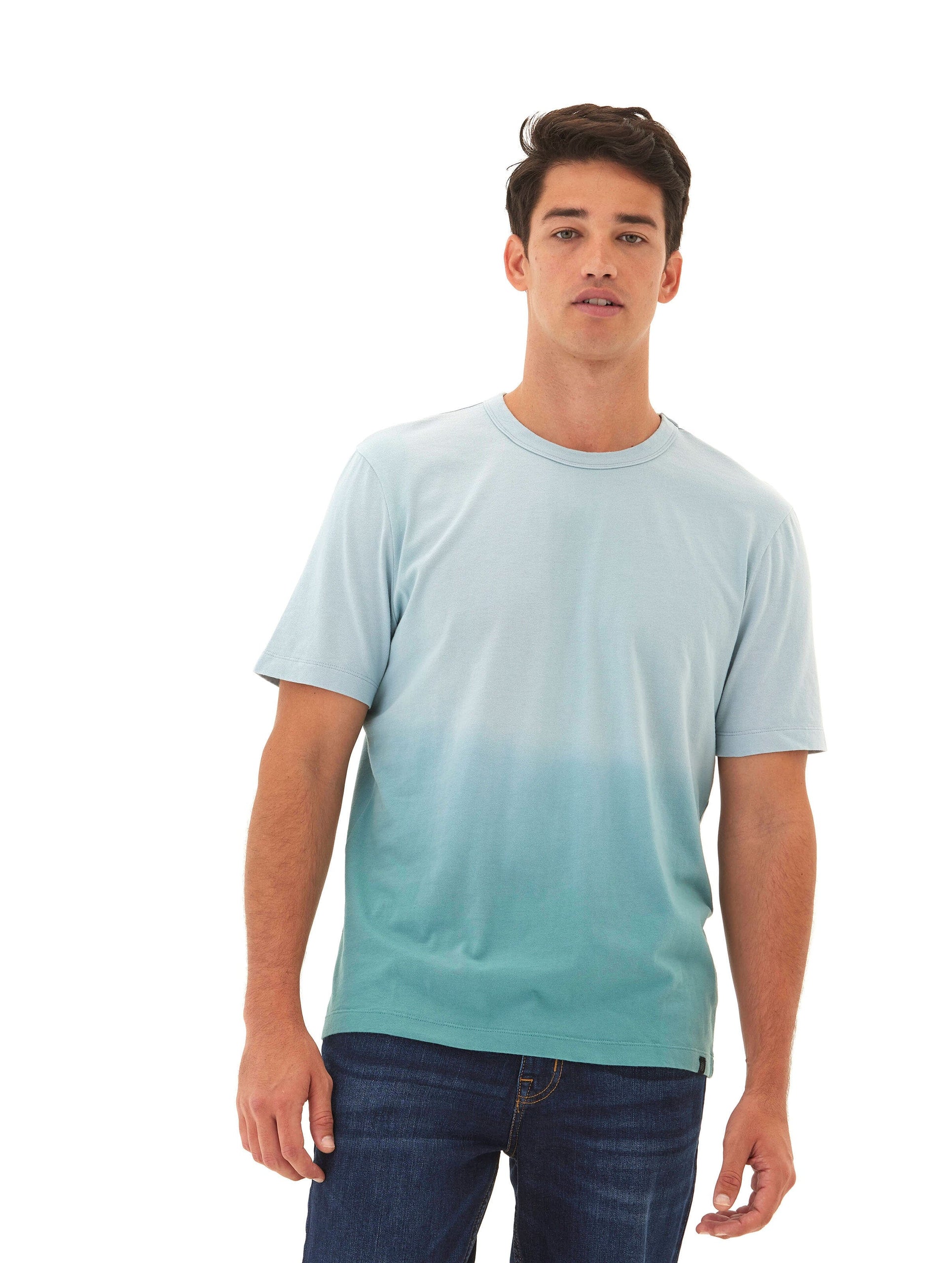 Men's Bryce relaxed fit crew neck tee with blue and teal dip-dye pattern.