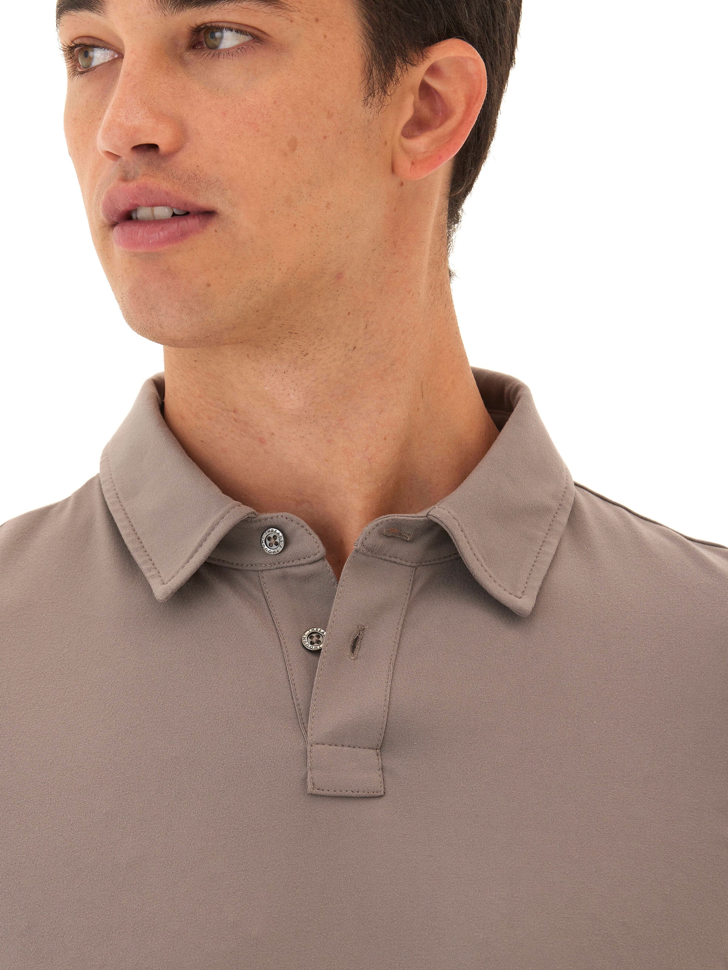 Darryn Luxe Jersey 2 Button Polo Shirt in Taupe and Grey-Brown