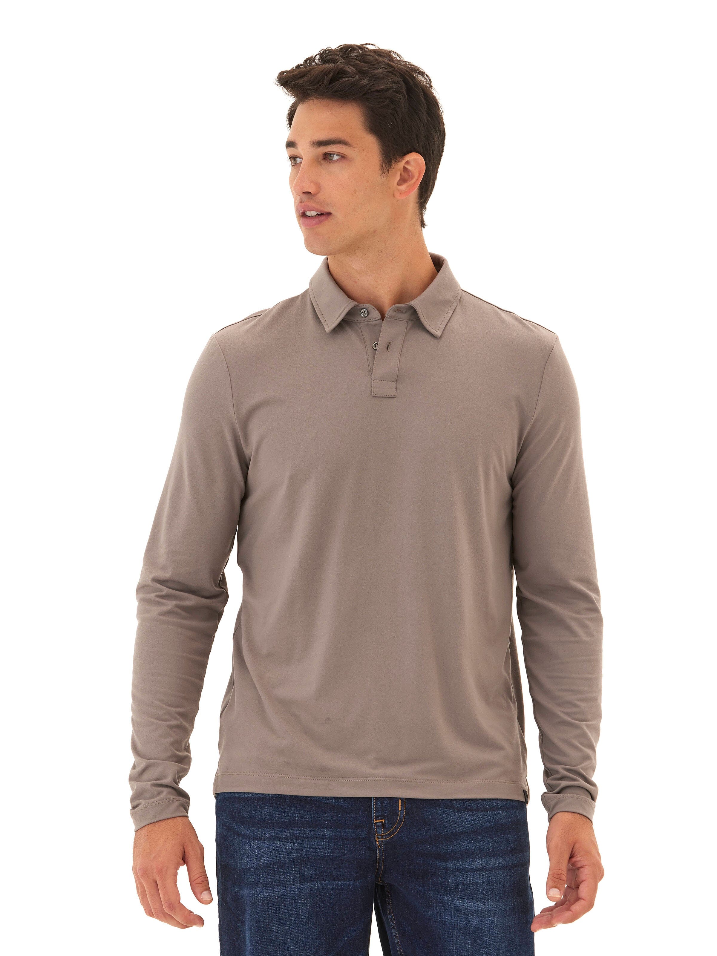 Darryn Luxe Jersey 2 Button Polo Shirt in Taupe and Grey-Brown