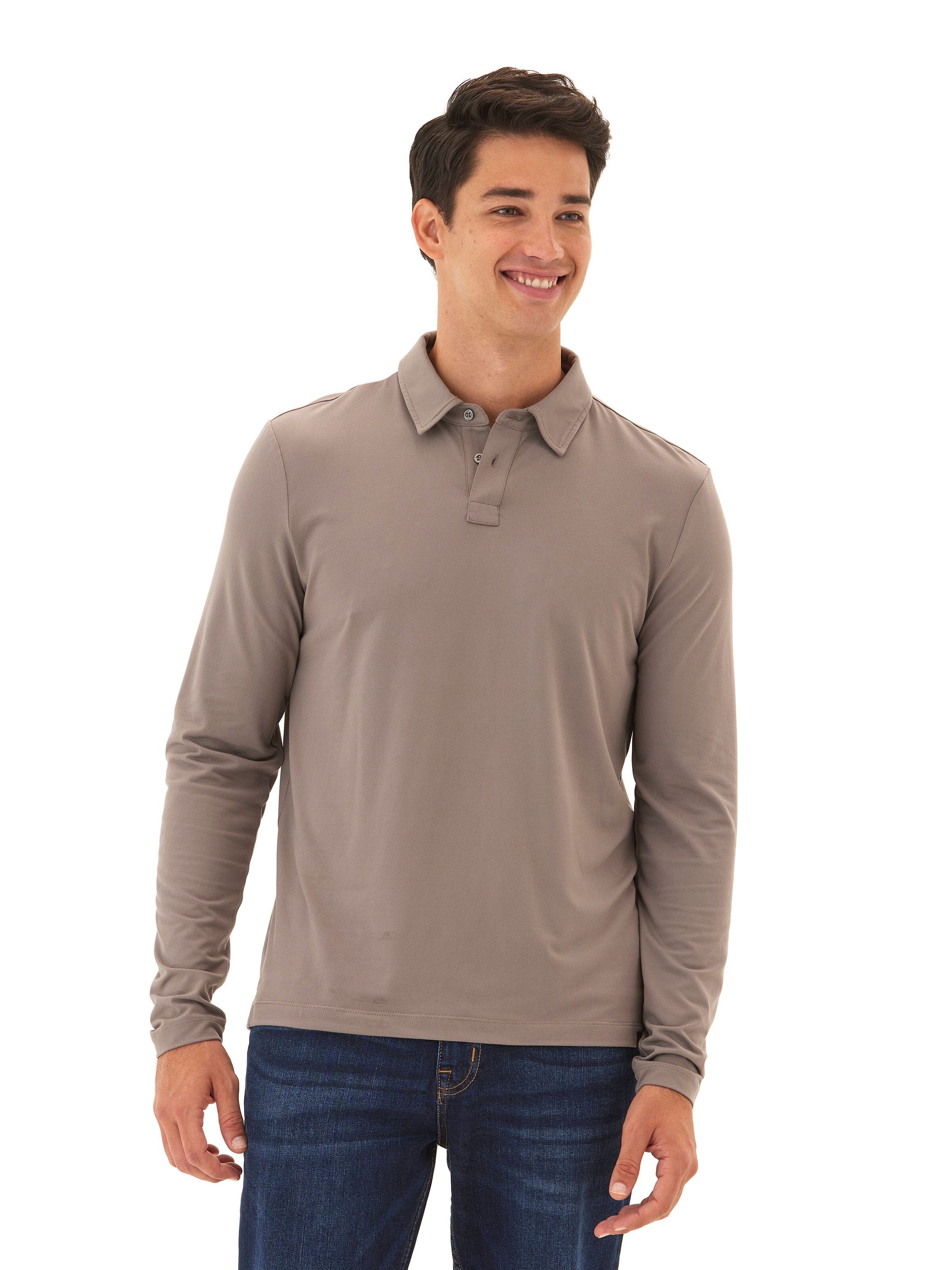 Darryn Luxe Jersey 2 Button Polo Shirt in Taupe and Grey-Brown