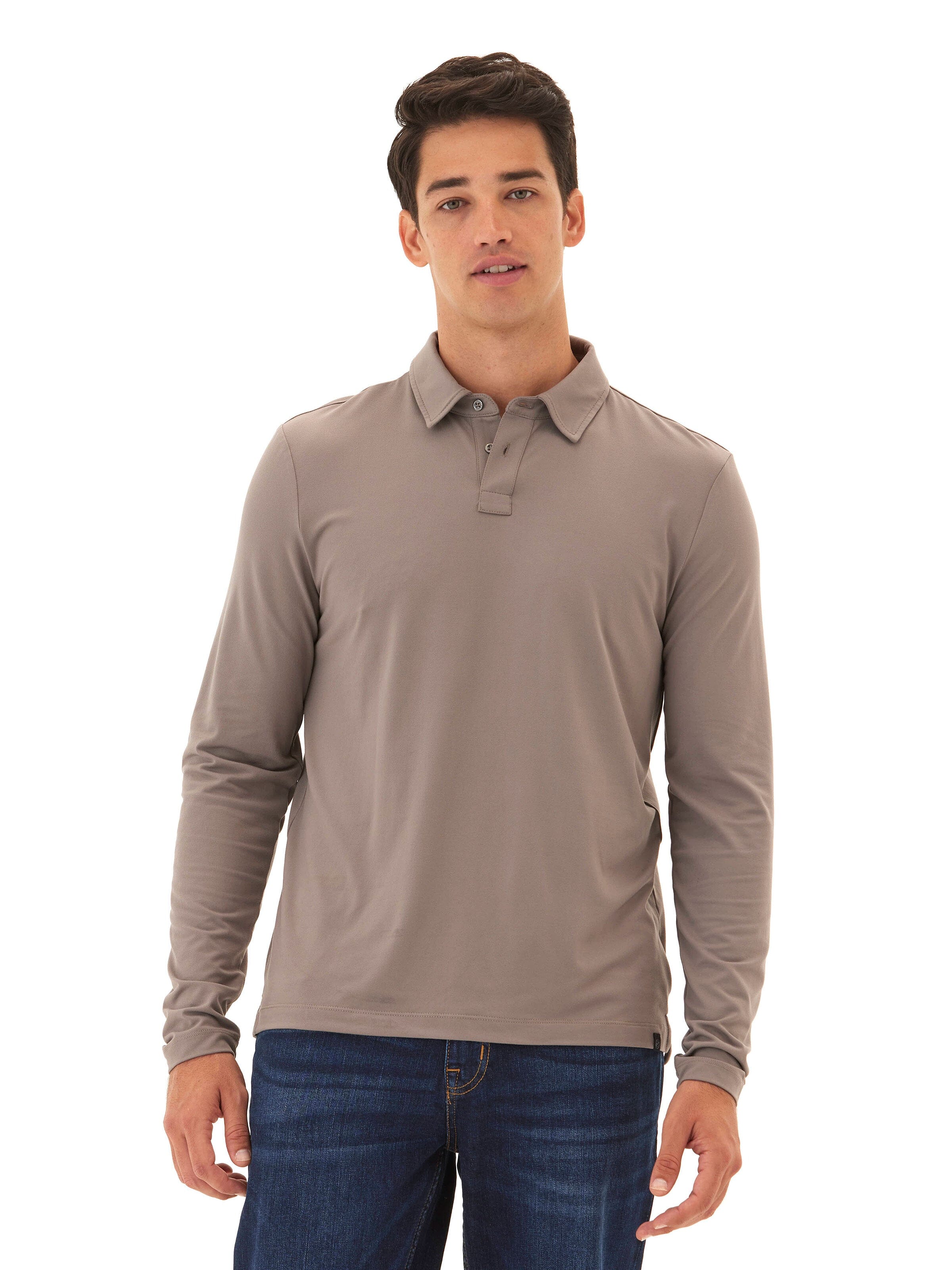 Darryn Luxe Jersey 2 Button Polo in taupe, featuring a soft knit texture and classic placket.