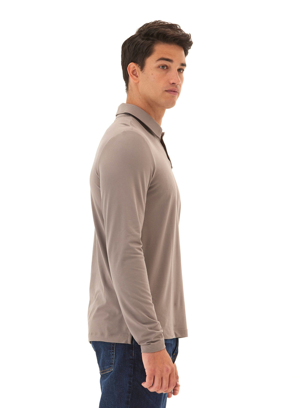 Darryn Luxe Jersey 2 Button Polo Shirt in Taupe and Grey-Brown