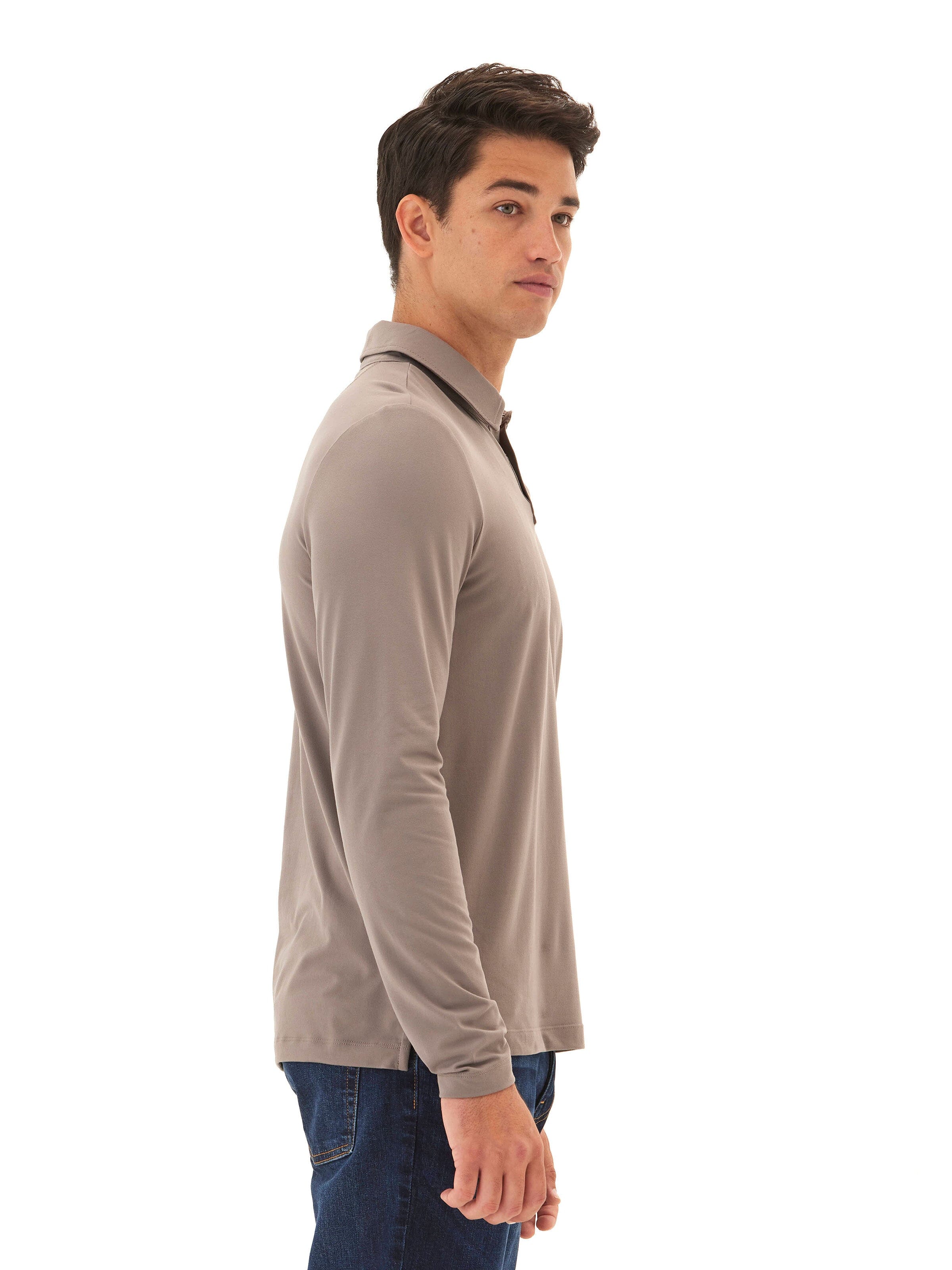 Darryn Luxe Jersey 2 Button Polo Shirt in Taupe and Grey-Brown