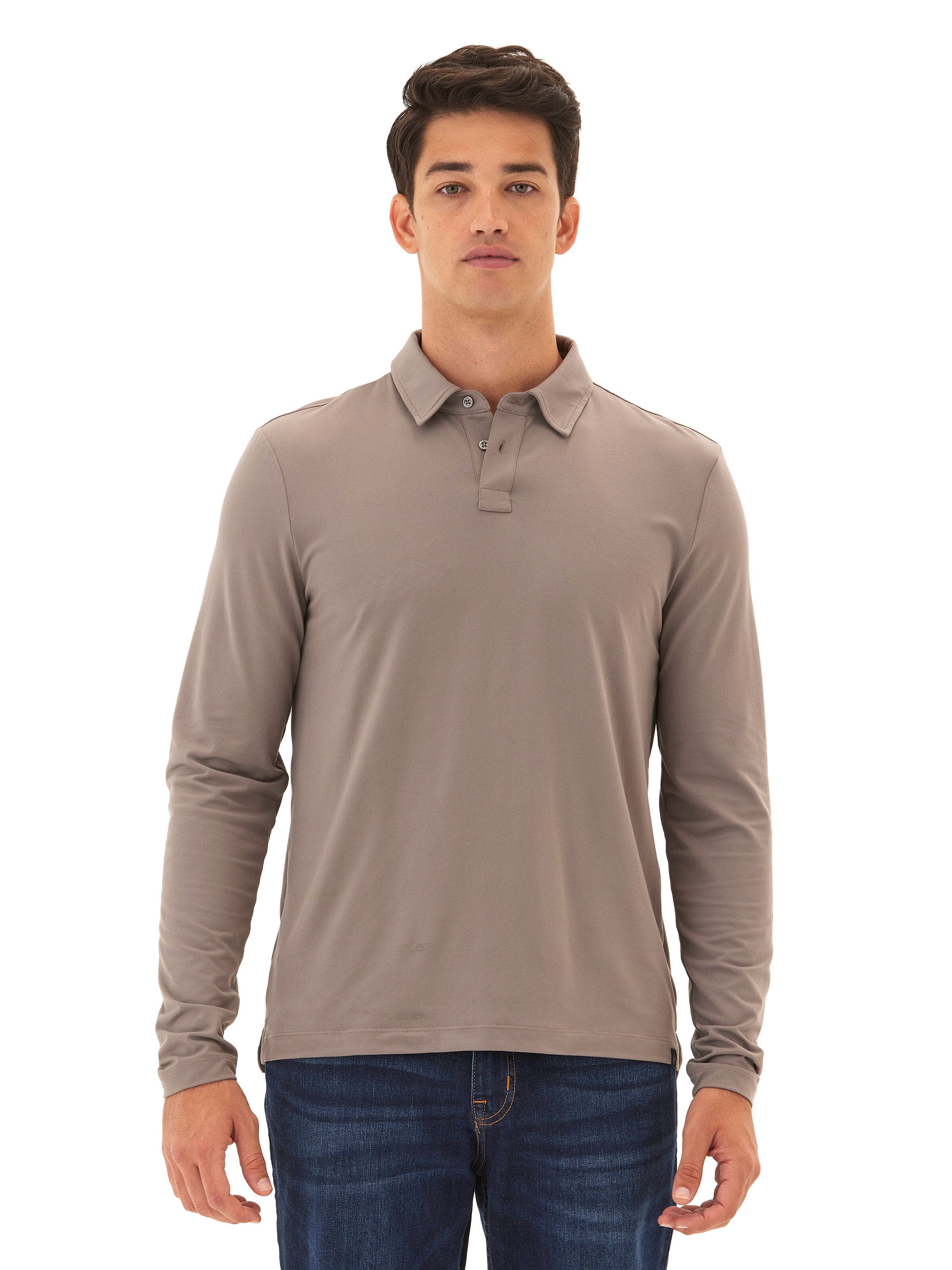 Darryn Luxe Jersey 2 Button Polo Shirt in Taupe and Grey-Brown