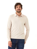 Man wearing a classic fit Darryn Luxe Jersey 2 Button Polo in Cream