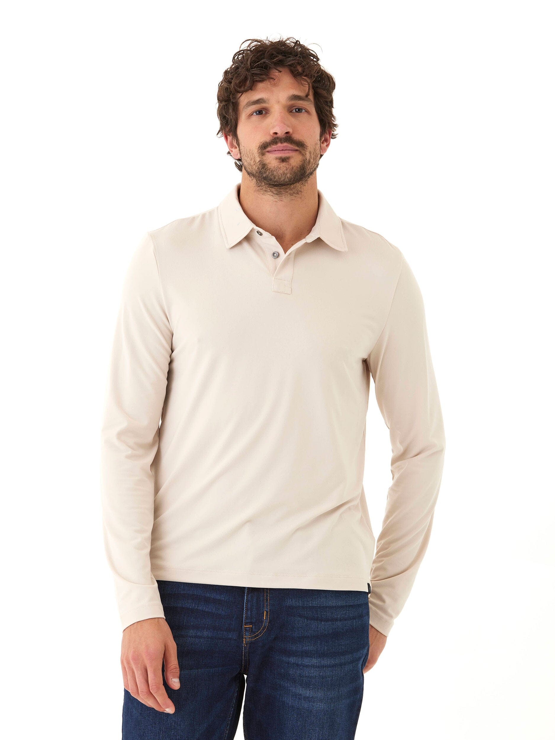 Man wearing a classic fit Darryn Luxe Jersey 2 Button Polo in Cream