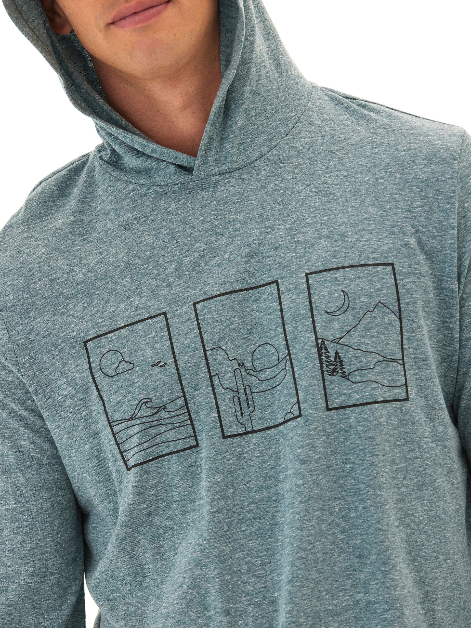 Man wearing a long sleeve Triblend Jersey Graphic T-Shirt Hoodie with embroidery