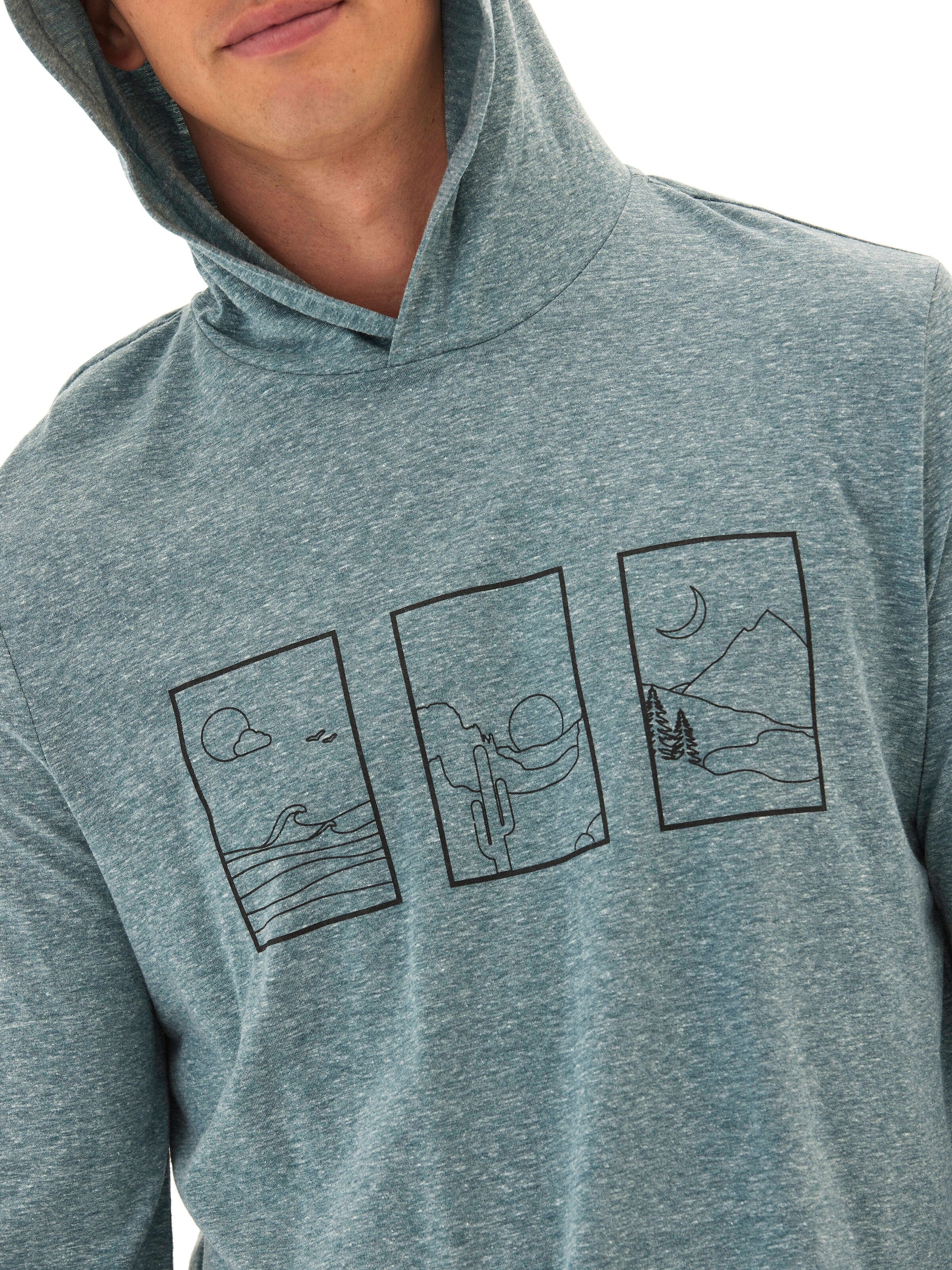 Man wearing a long sleeve Triblend Jersey Graphic T-Shirt Hoodie with embroidery