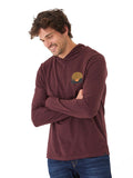 Close-up of a Threads 4 Thought long sleeve eco-triblend jersey hoodie with chest embroidery detail.
