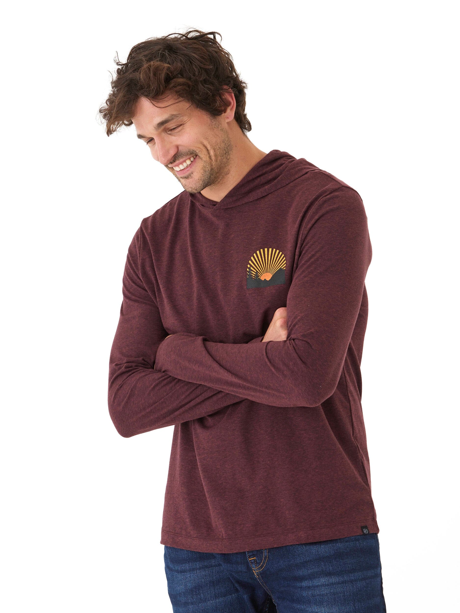 Close-up of a Threads 4 Thought long sleeve eco-triblend jersey hoodie with chest embroidery detail.