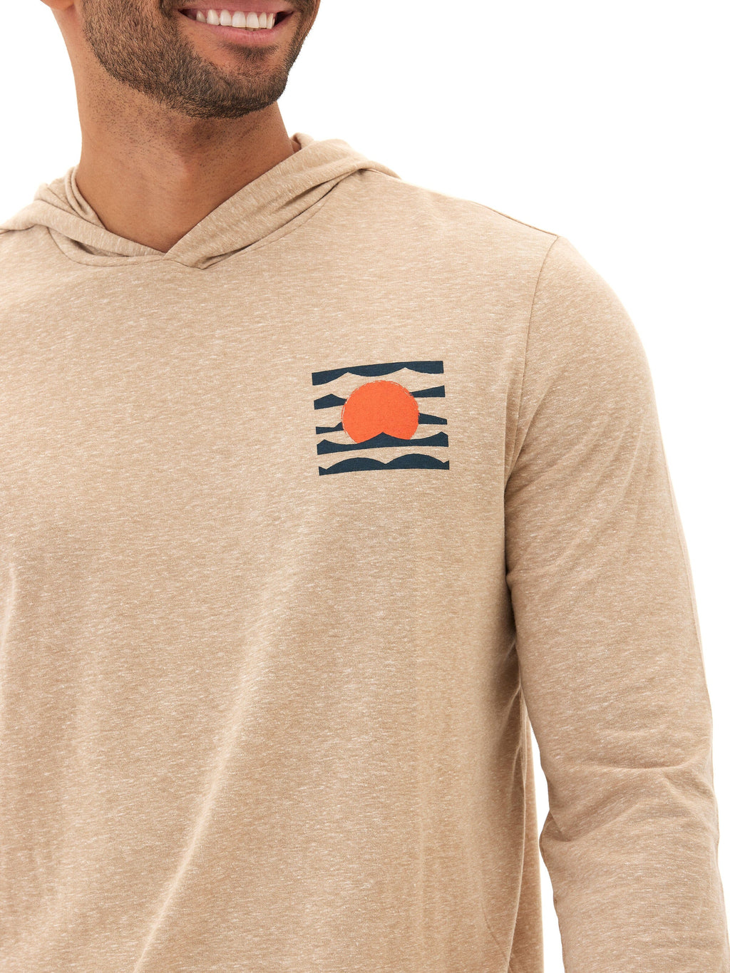 Close up of eco-triblend long sleeve pullover hoodie with subtle chest embroidery detail