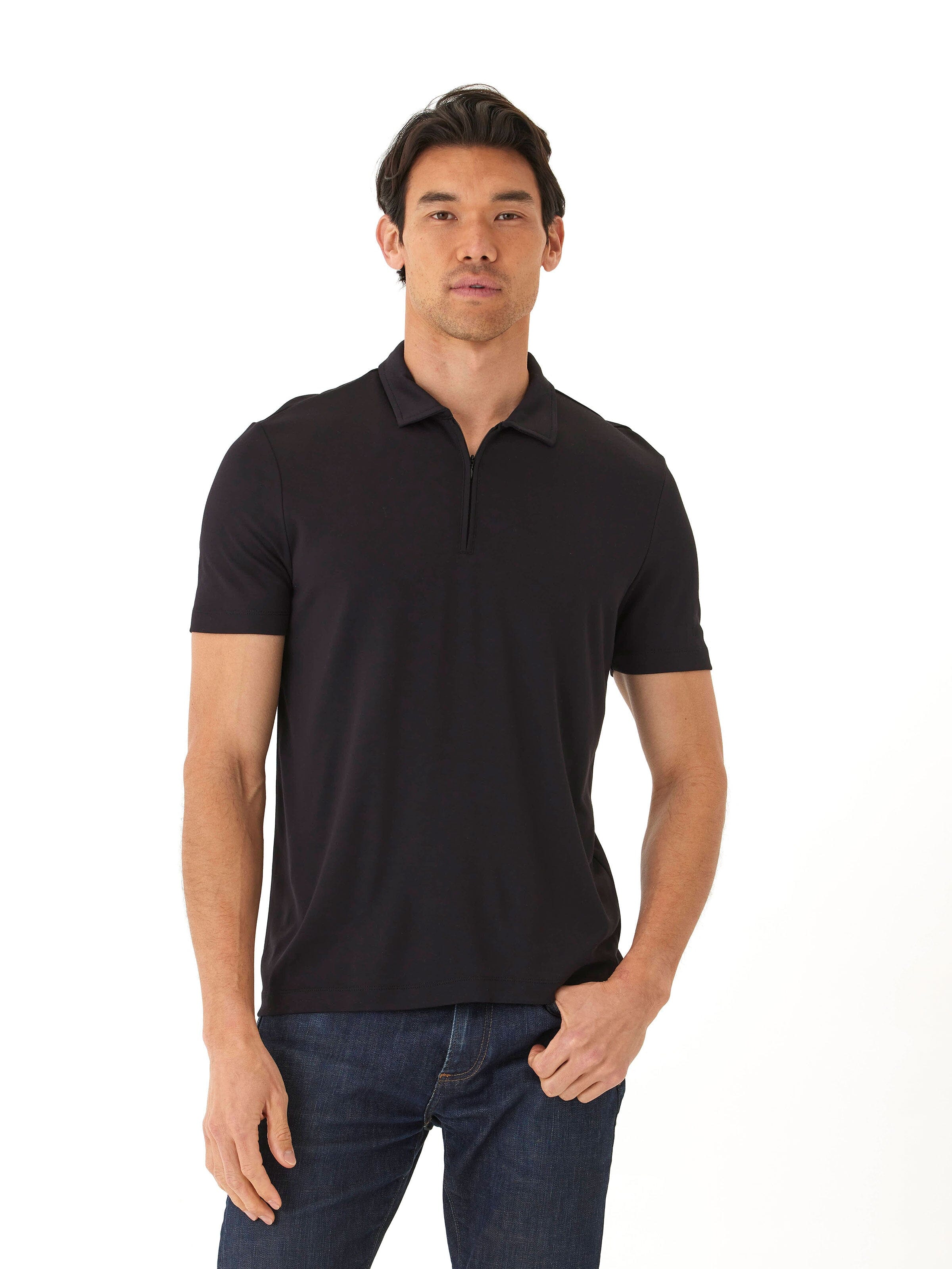 Erick Peached Pique ¼ Zip SS Polo in Black - Classic Knit Polo