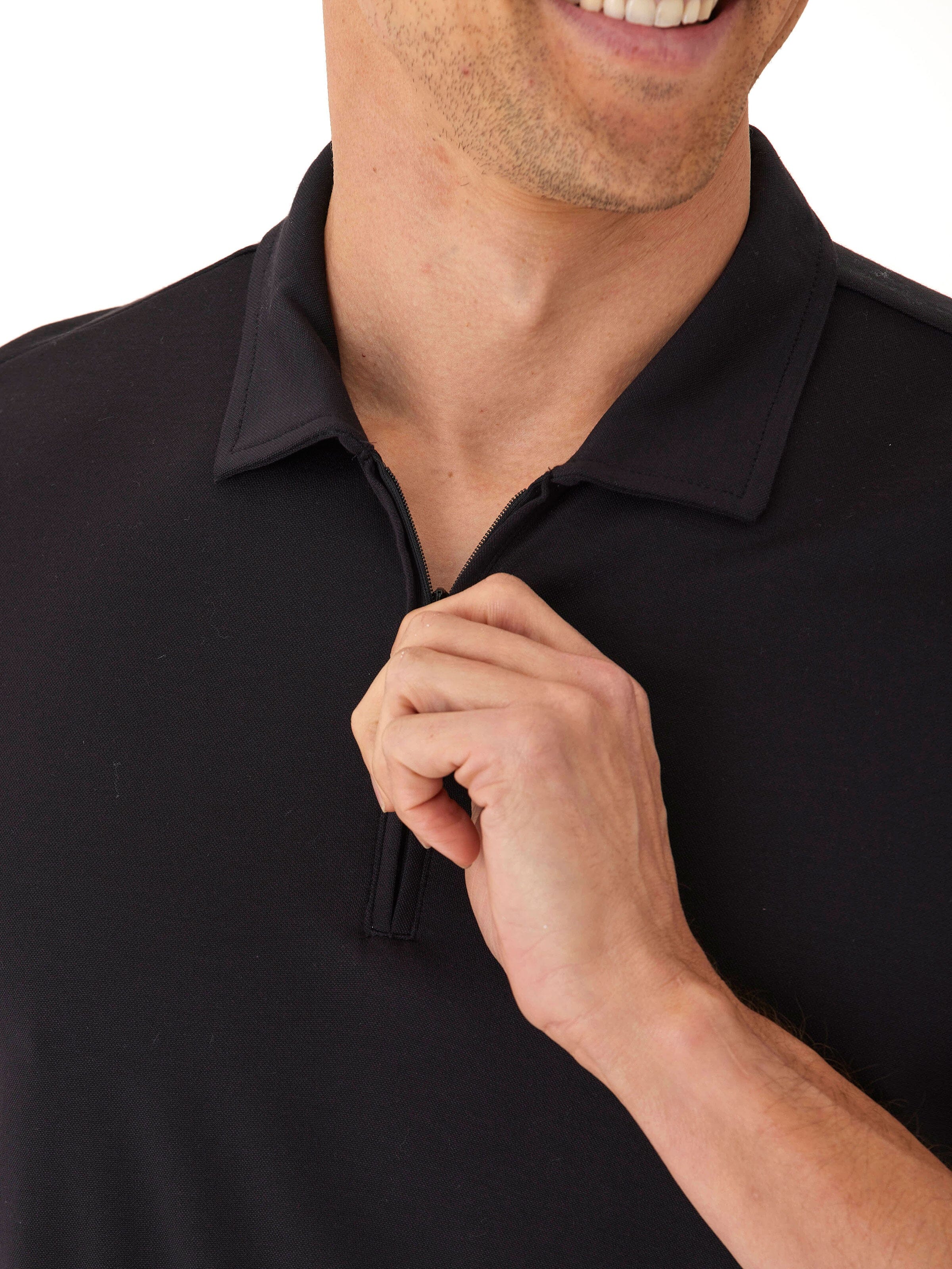 Erick Peached Pique ¼ Zip SS Polo in Black - Classic Knit Polo