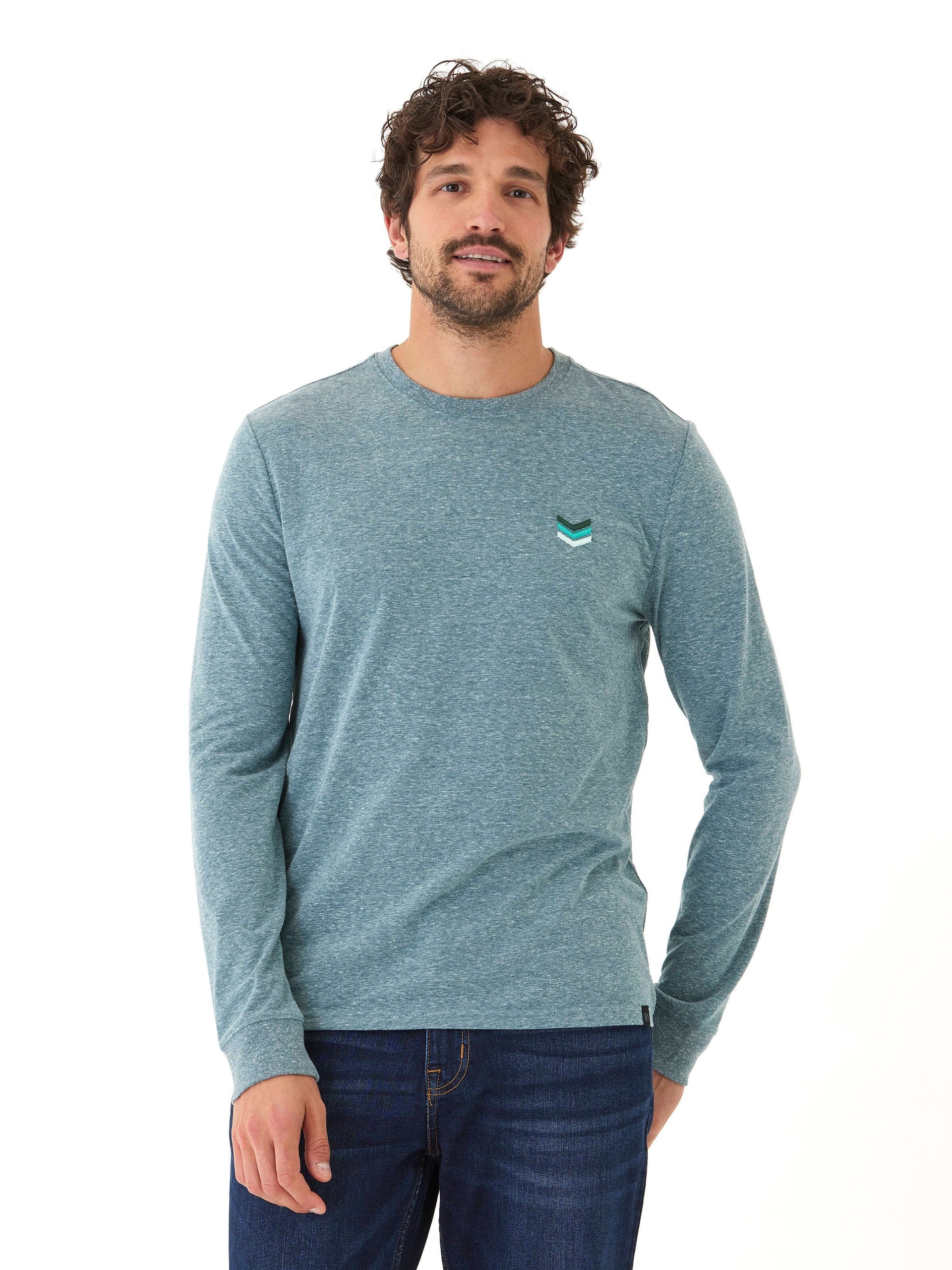 Close up of the Embroidery Long Sleeve Triblend Crew in signature textured knit fabric
