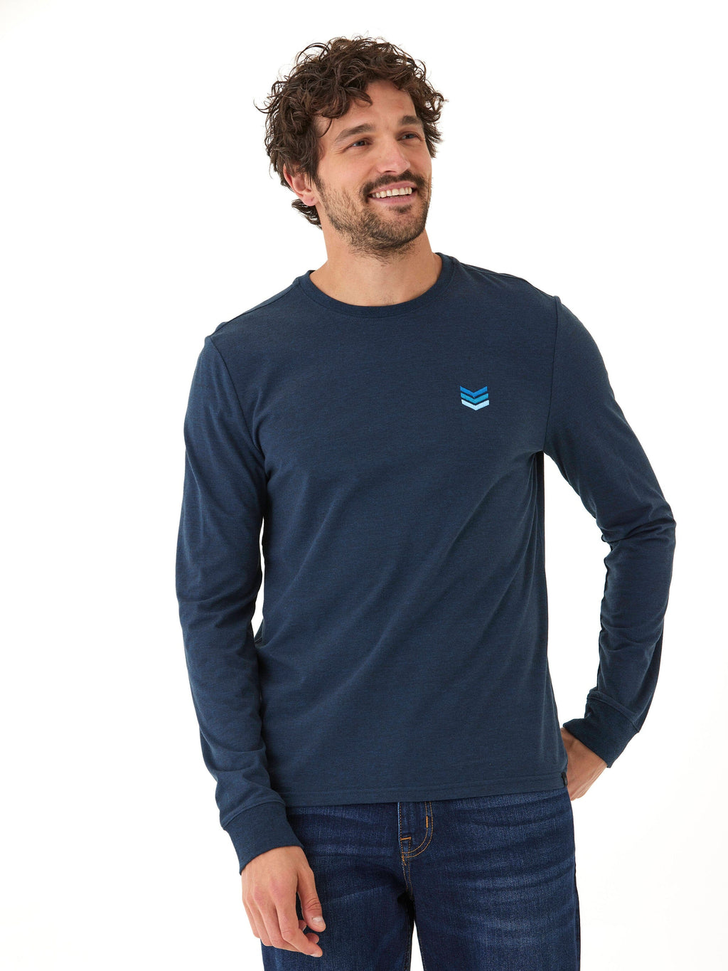 Men wearing a navy blue long-sleeve crew neck tee made from textured Triblend knit fabric.