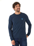 Men wearing a navy blue long-sleeve crew neck tee made from textured Triblend knit fabric.